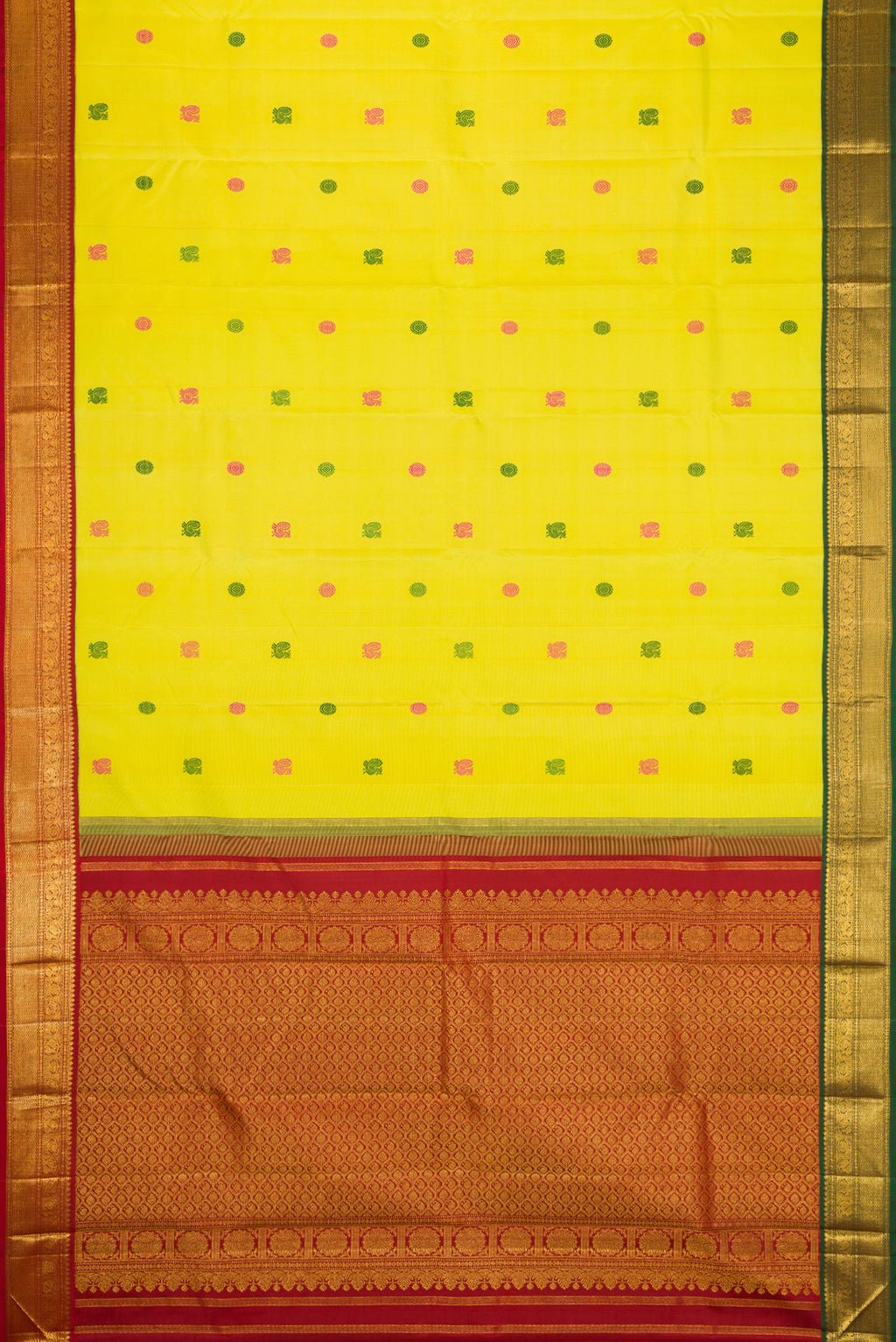 Flat view of Pure Silk Pure Zari Lemon Yellow Dual Tone Kanjivaram Saree with Thread Butta on the body and Ganga Jamuna Border. 