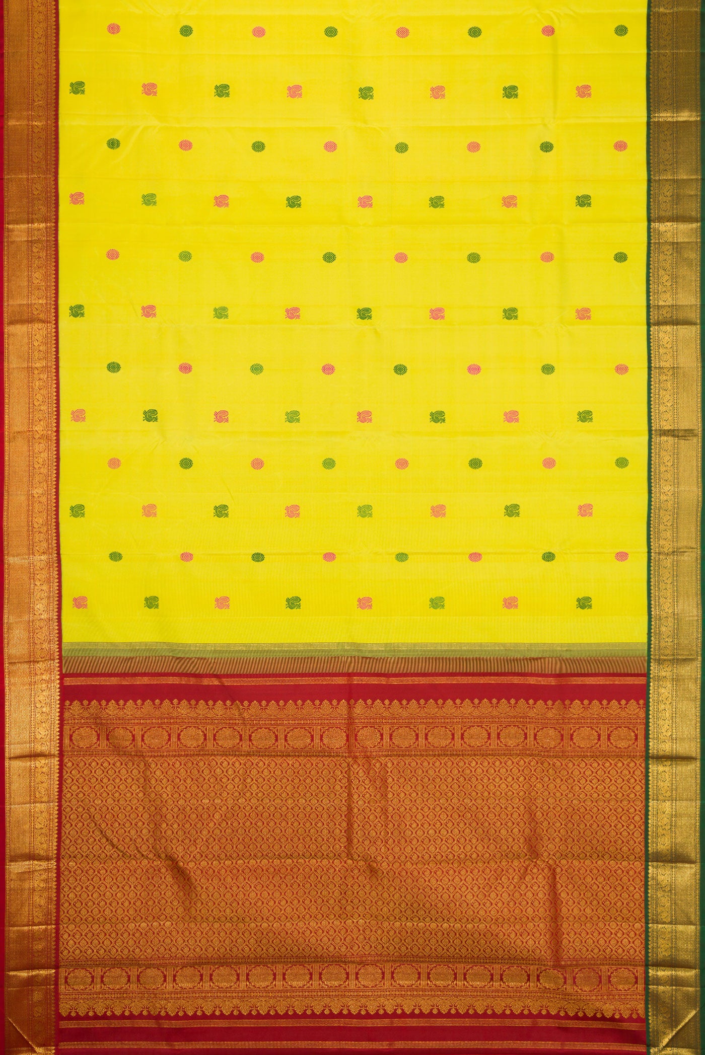 Flat view of Pure Silk Pure Zari Lemon Yellow Dual Tone Kanjivaram Saree with Thread Butta on the body and Ganga Jamuna Border. 