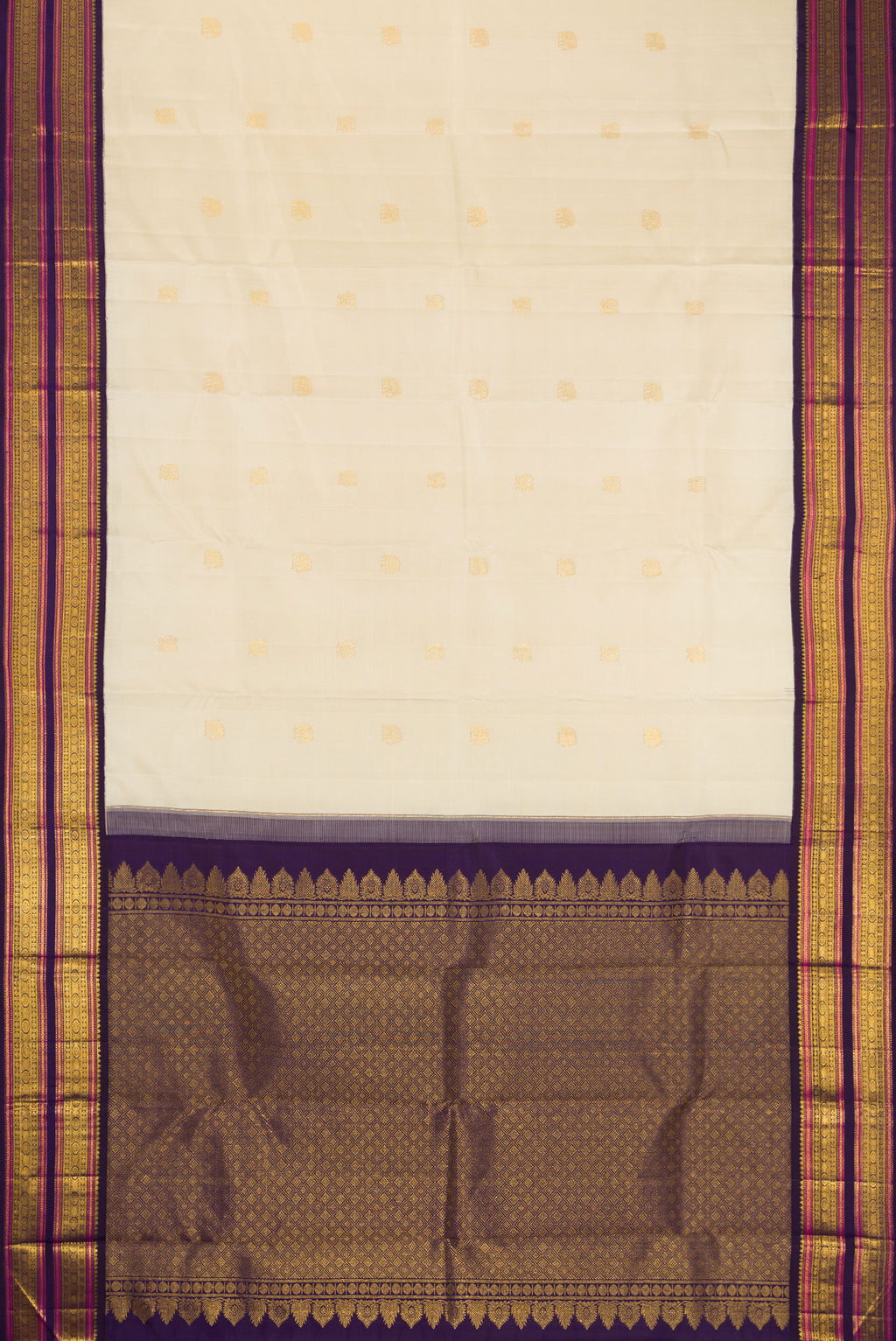 Flat view of Pure Silk Pure Zari Off White Dual Tone Kanjivaram Saree with Zari Butta on the body and Zari Border. 