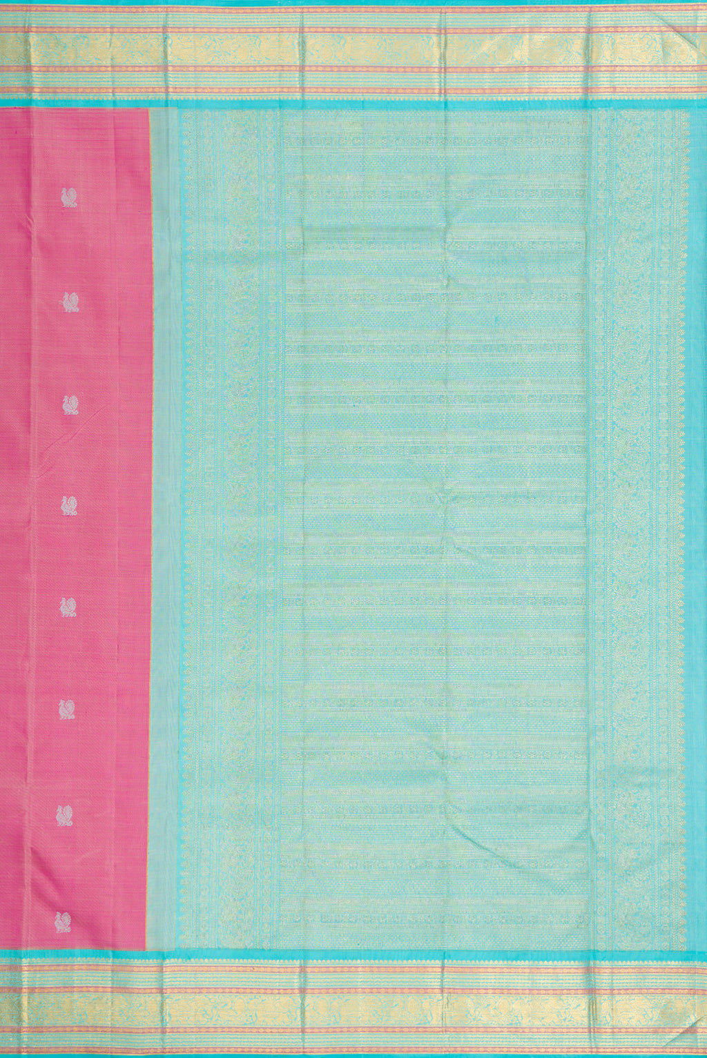 Close up image of the pallu of Pink Dual Tone Kanjivaram Silk Saree with Thread Butta on the body and Zari Border. 