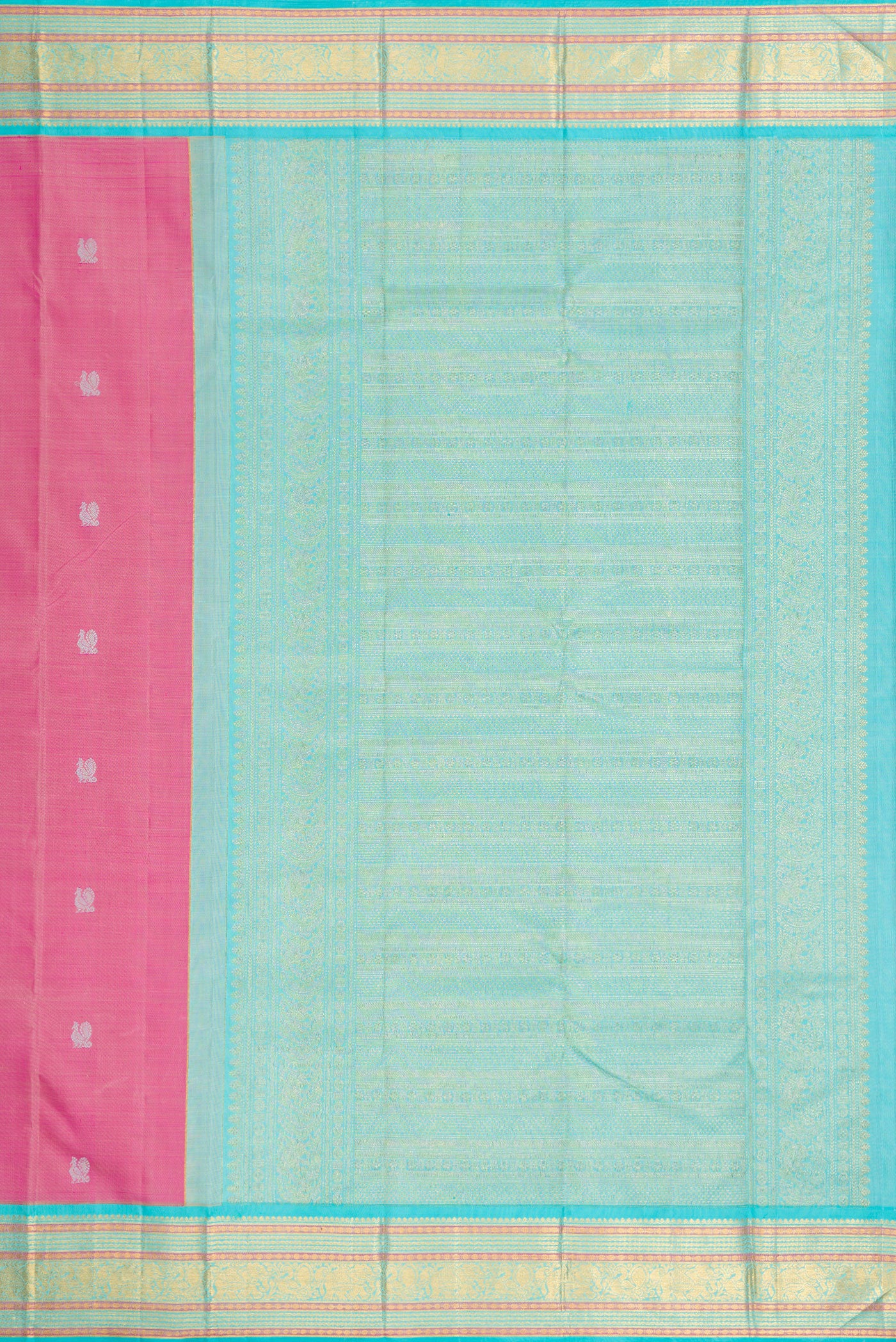Close up image of the pallu of Pink Dual Tone Kanjivaram Silk Saree with Thread Butta on the body and Zari Border. 