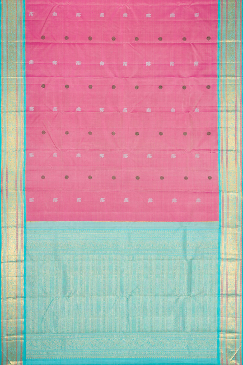 Flat view of Pink Dual Tone Kanjivaram Silk Saree with Thread Butta on the body and Zari Border. 