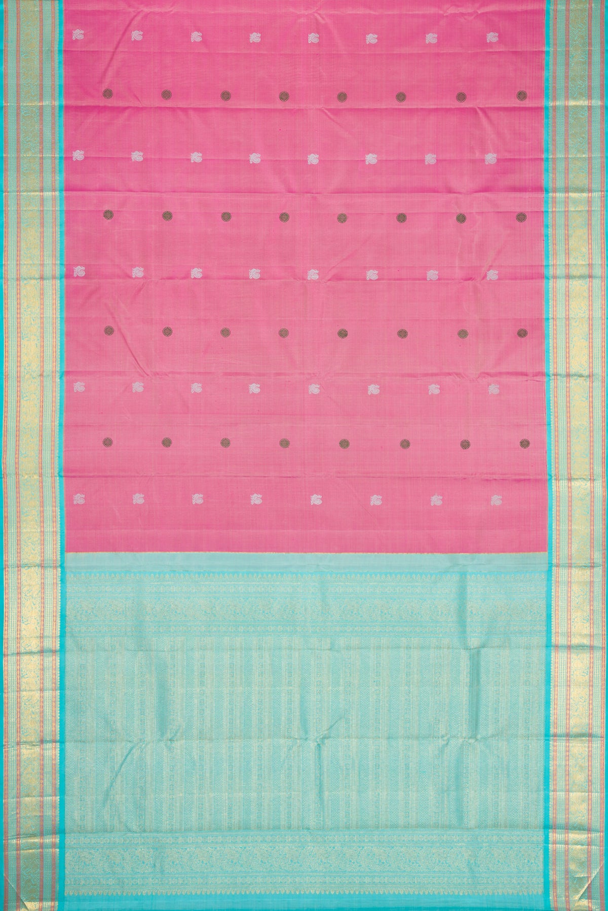 Flat view of Pink Dual Tone Kanjivaram Silk Saree with Thread Butta on the body and Zari Border. 