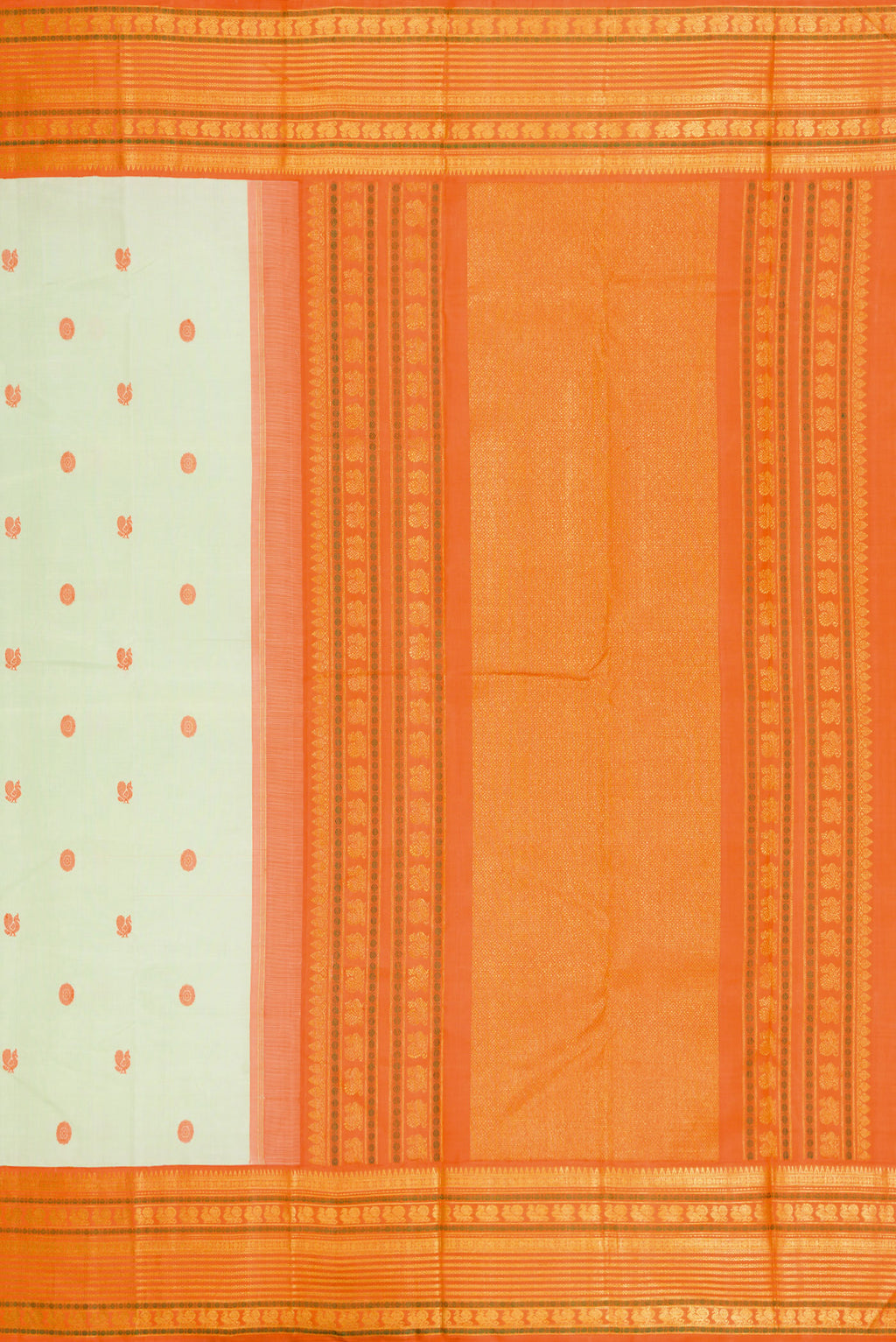 Close up image of the pallu of Pure Silk Pure Zari Pista Green Dual Tone Kanjivaram Saree with Thread Butta on the body and Zari Border. 