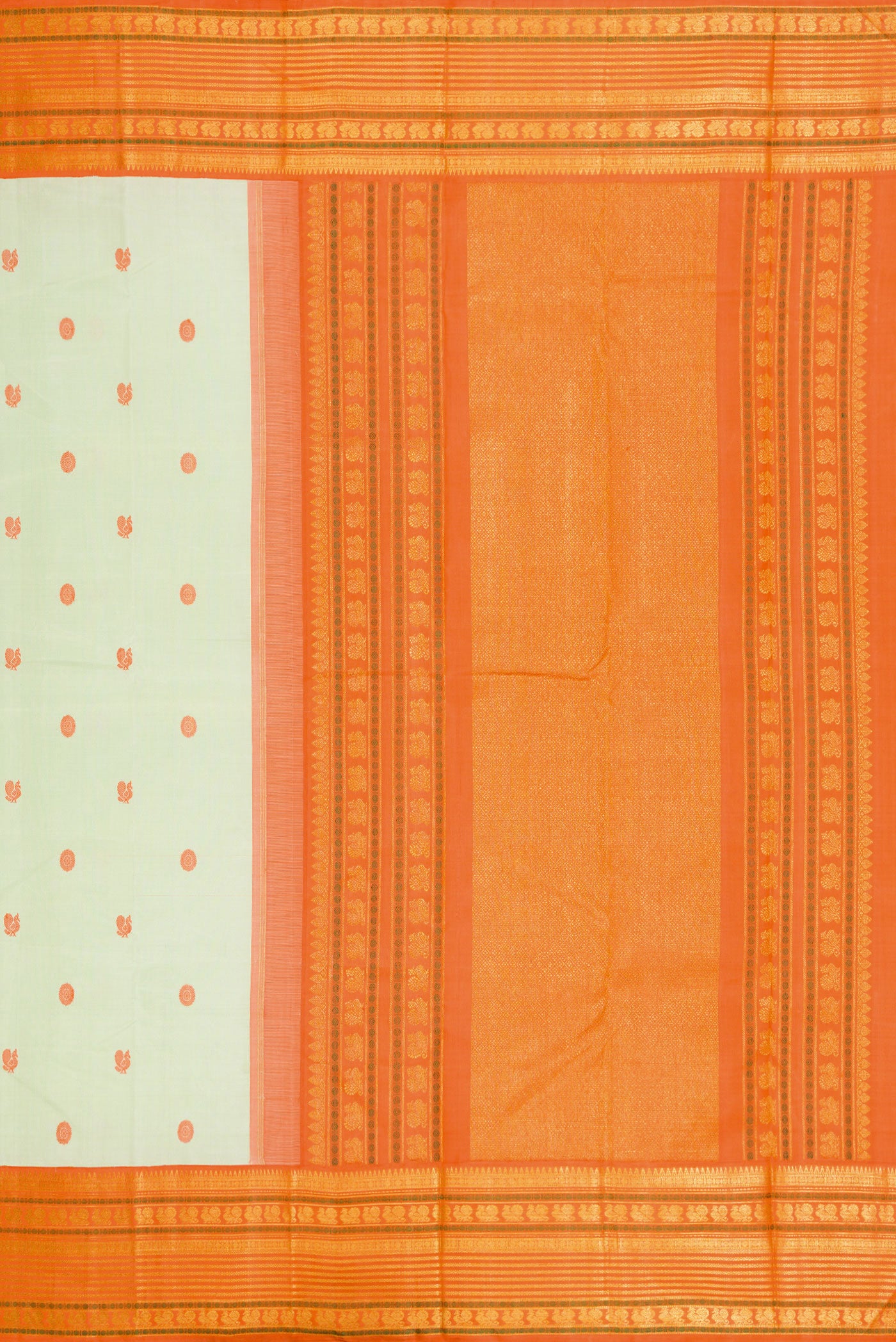 Close up image of the pallu of Pure Silk Pure Zari Pista Green Dual Tone Kanjivaram Saree with Thread Butta on the body and Zari Border. 