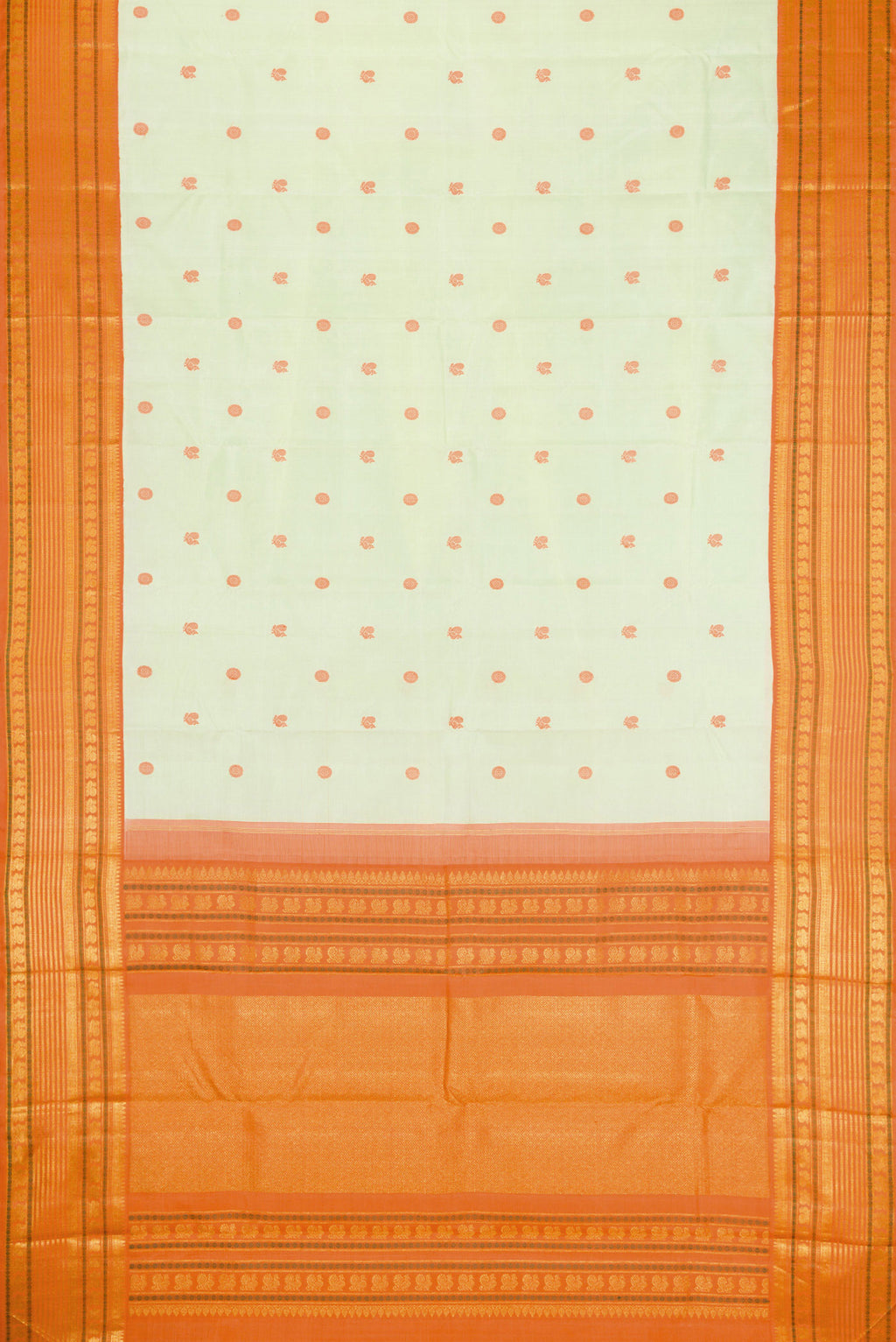 Flat view of Pure Silk Pure Zari Pista Green Dual Tone Kanjivaram Saree with Thread Butta on the body and Zari Border. 