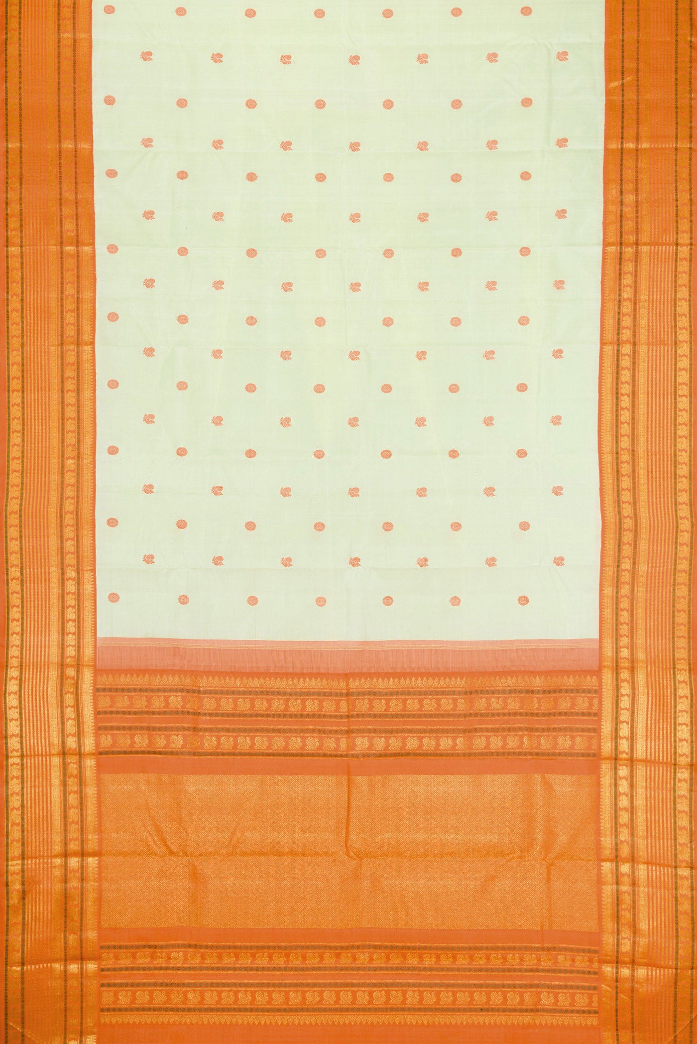 Flat view of Pure Silk Pure Zari Pista Green Dual Tone Kanjivaram Saree with Thread Butta on the body and Zari Border. 
