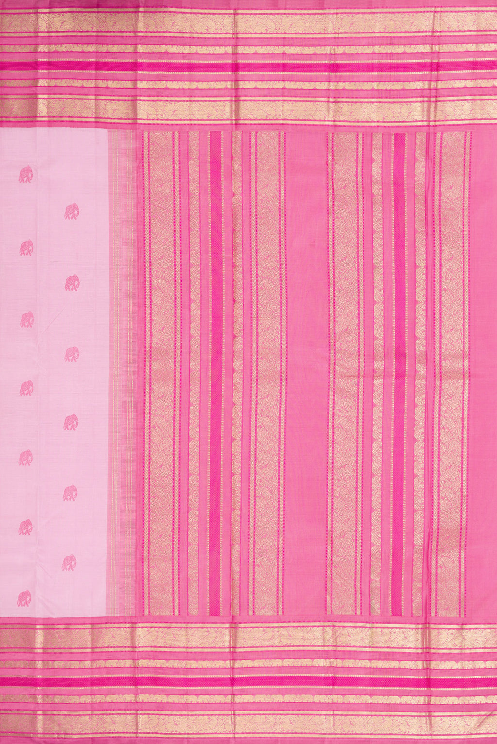 Close up image of the pallu of Pure Silk Pure Zari Rose pink Dual Tone Kanchipuram Saree with Thread Butta on the body and Fancy Border. 