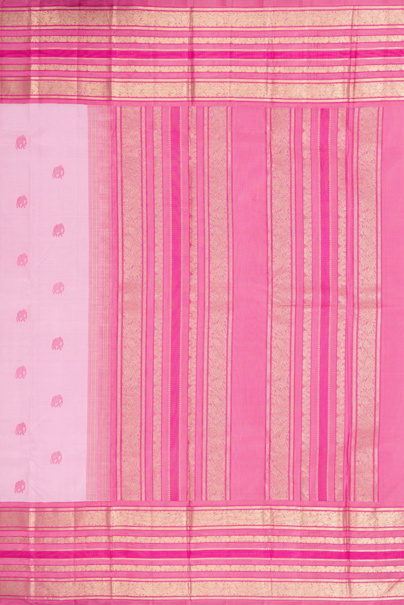 Close up image of the pallu of Pure Silk Pure Zari Rose pink Dual Tone Kanchipuram Saree with Thread Butta on the body and Fancy Border. 