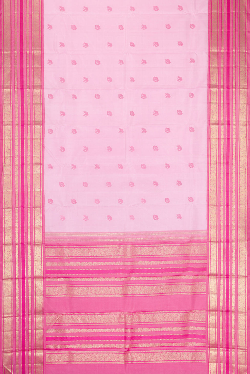 Flat view of Pure Silk Pure Zari Rose pink Dual Tone Kanchipuram Saree with Thread Butta on the body and Fancy Border. 
