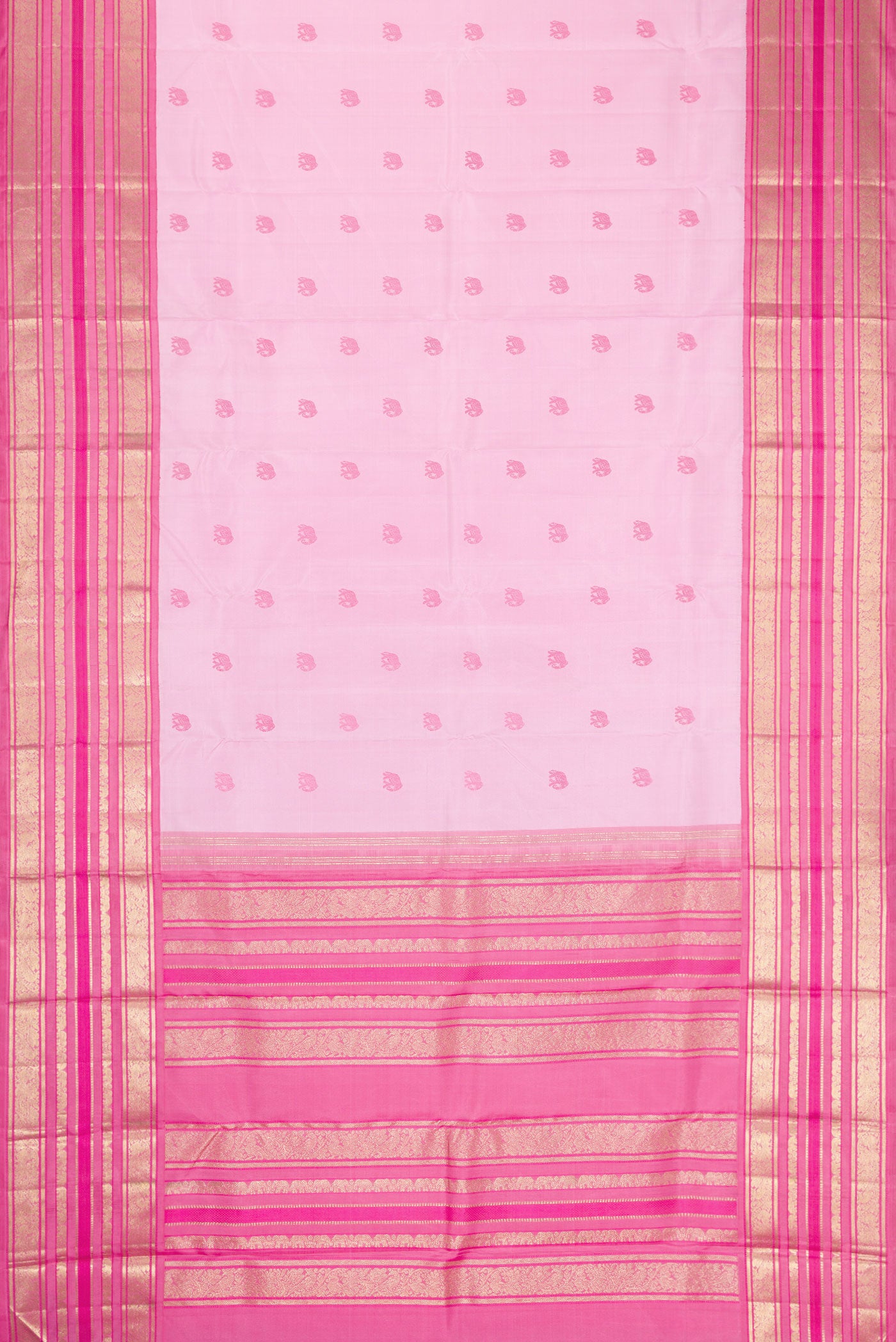 Flat view of Pure Silk Pure Zari Rose pink Dual Tone Kanchipuram Saree with Thread Butta on the body and Fancy Border. 