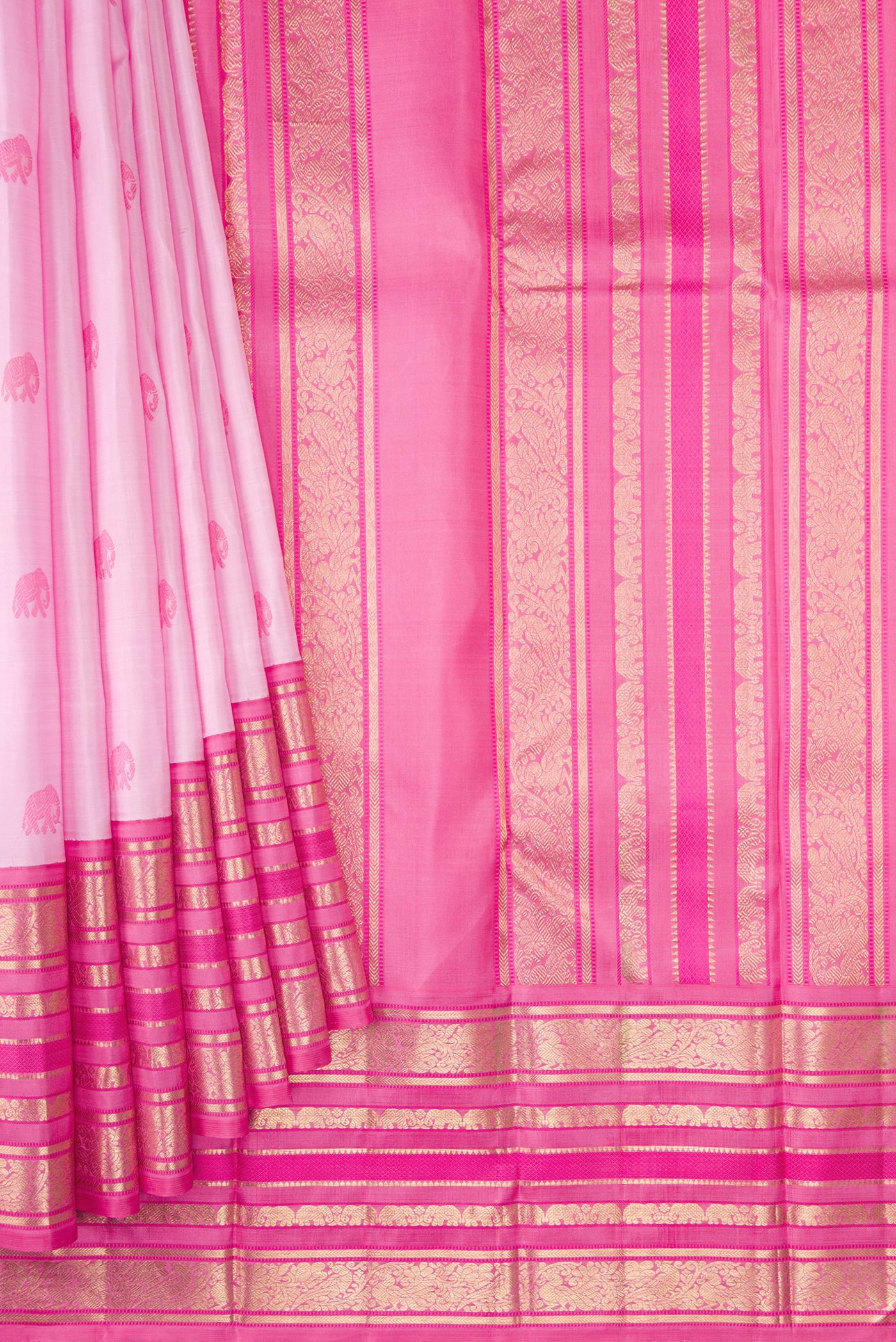 Pleats and pallu of Pure Silk Pure Zari Rose pink Dual Tone Kanchipuram Saree with Thread Butta on the body and Fancy Border. 