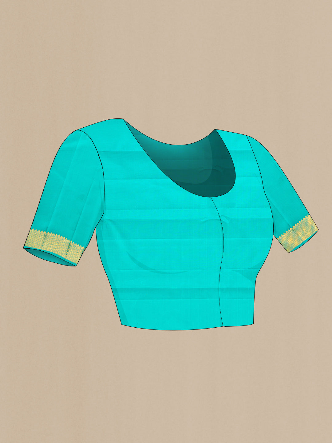 Close up image of the blouse of Sea Green Dual Tone Kanjivaram Silk Saree with Zari Butta on the body and Zari Border. 