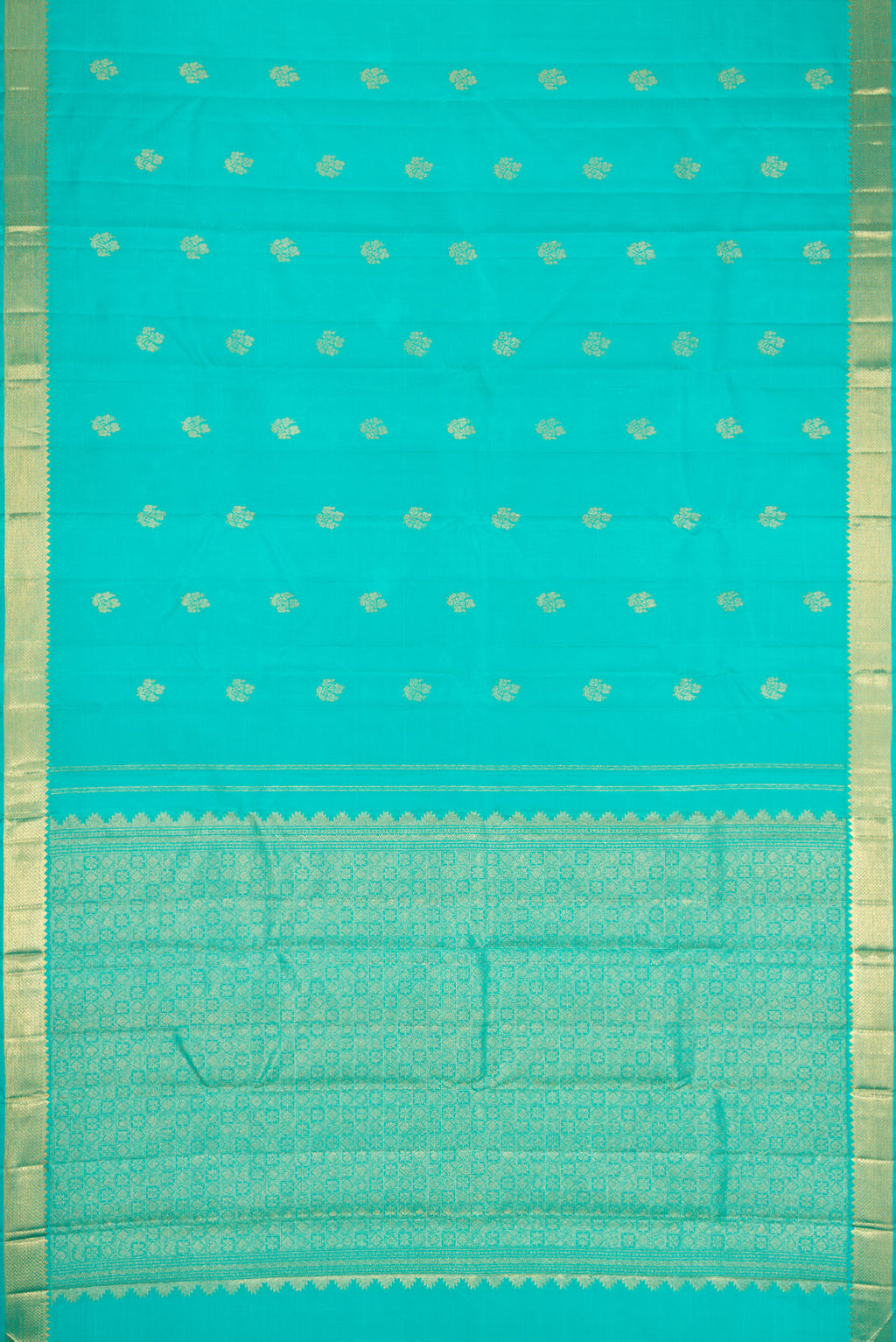 Flat view of Sea Green Dual Tone Kanjivaram Silk Saree with Zari Butta on the body and Zari Border. 