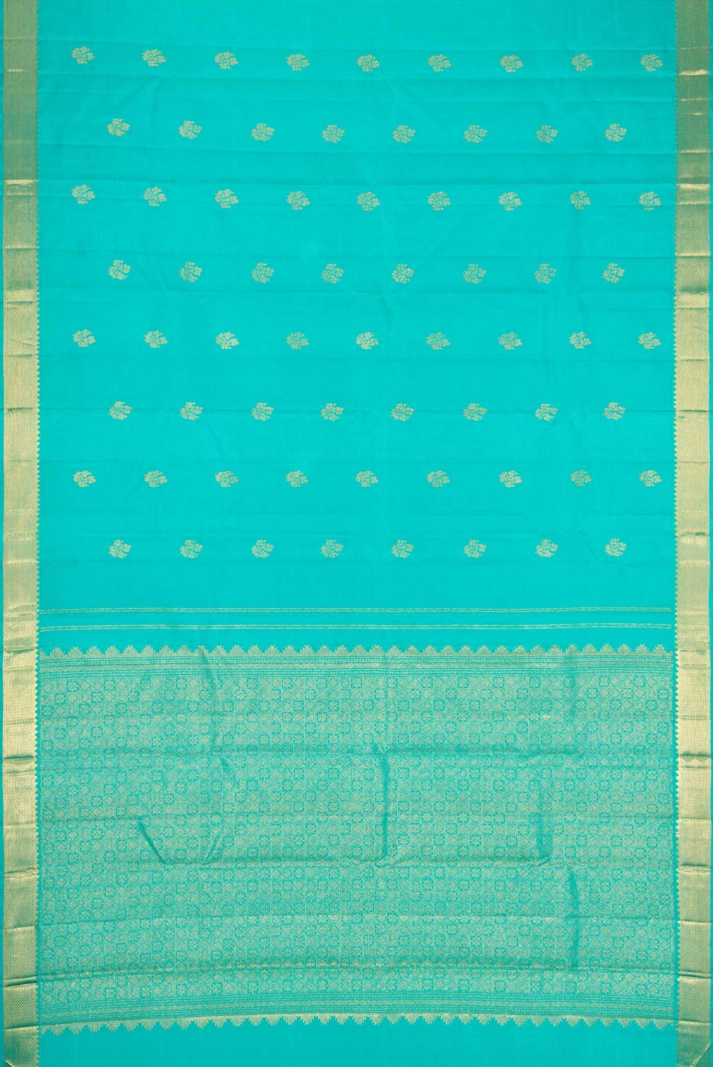 Flat view of Sea Green Dual Tone Kanjivaram Silk Saree with Zari Butta on the body and Zari Border. 