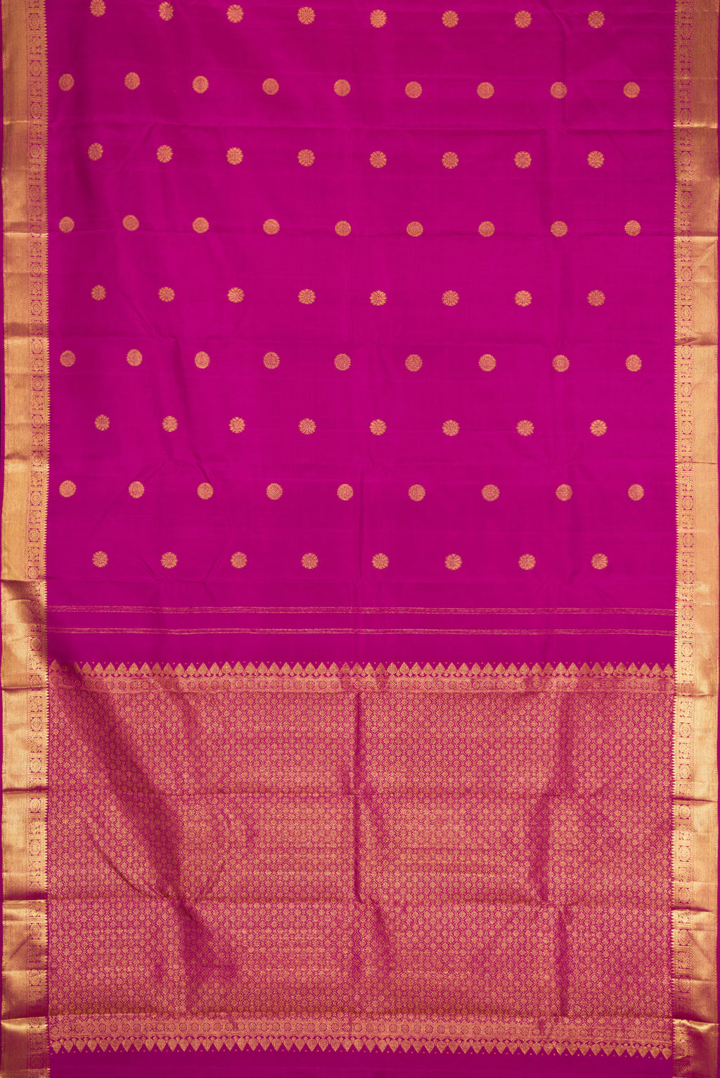 Flat view of Purple Dual Tone Kanjivaram Silk Saree with Zari Butta on the body and Zari Border. 