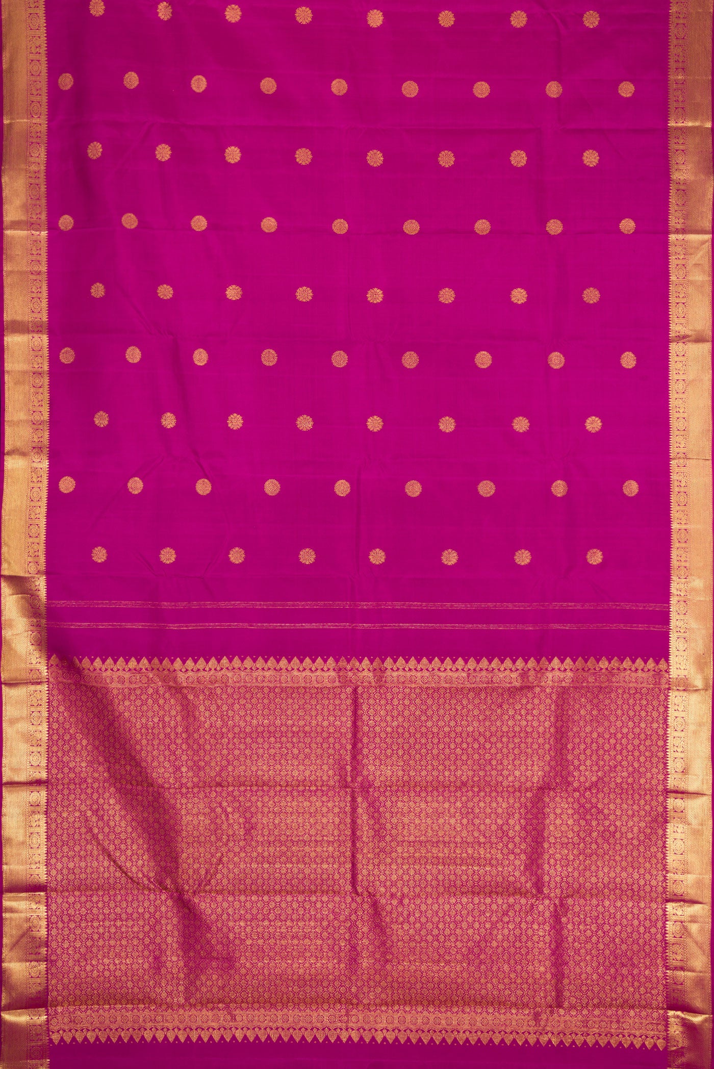 Flat view of Purple Dual Tone Kanjivaram Silk Saree with Zari Butta on the body and Zari Border. 