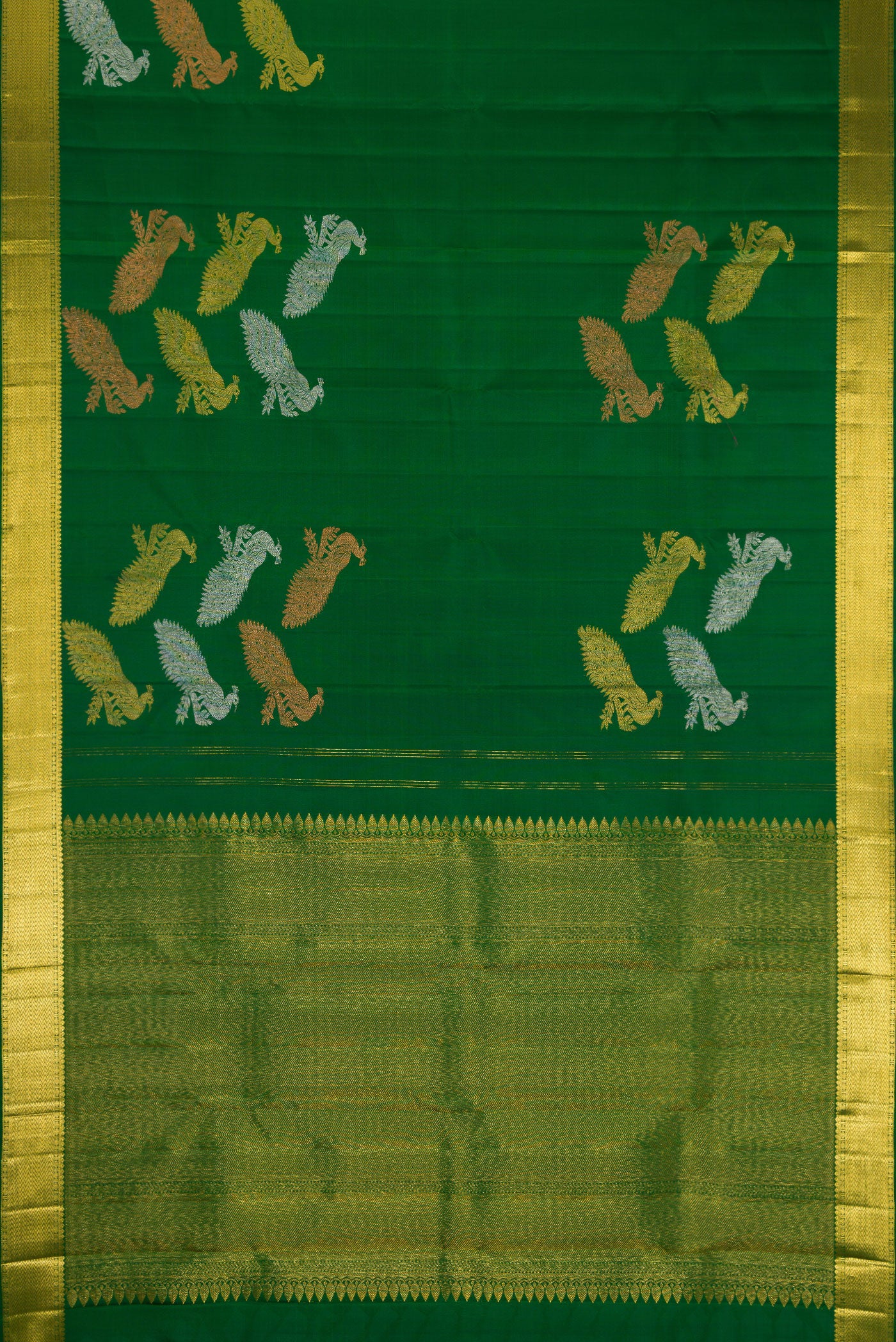 Flat view of Pure Silk Pure Zari Green Dual Tone Kanjivaram Saree with Plain Body and Fancy Border. 