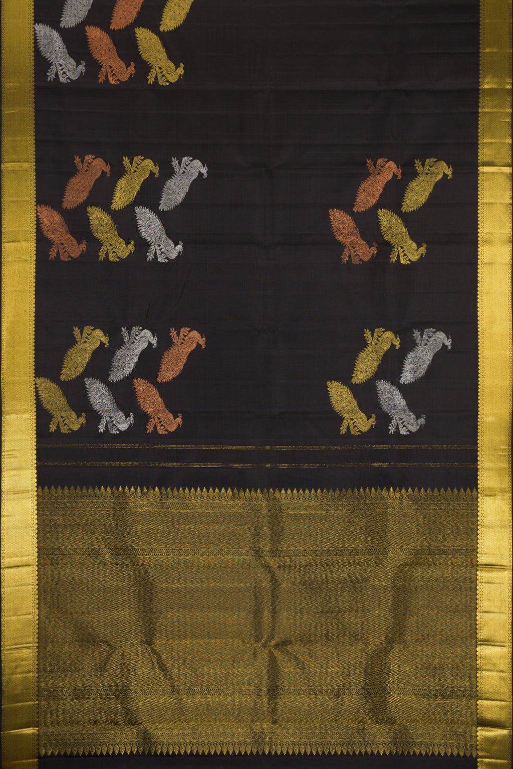 Flat view of Black Dual Tone Kanjivaram Silk Saree with Plain Body and Fancy Border. 
