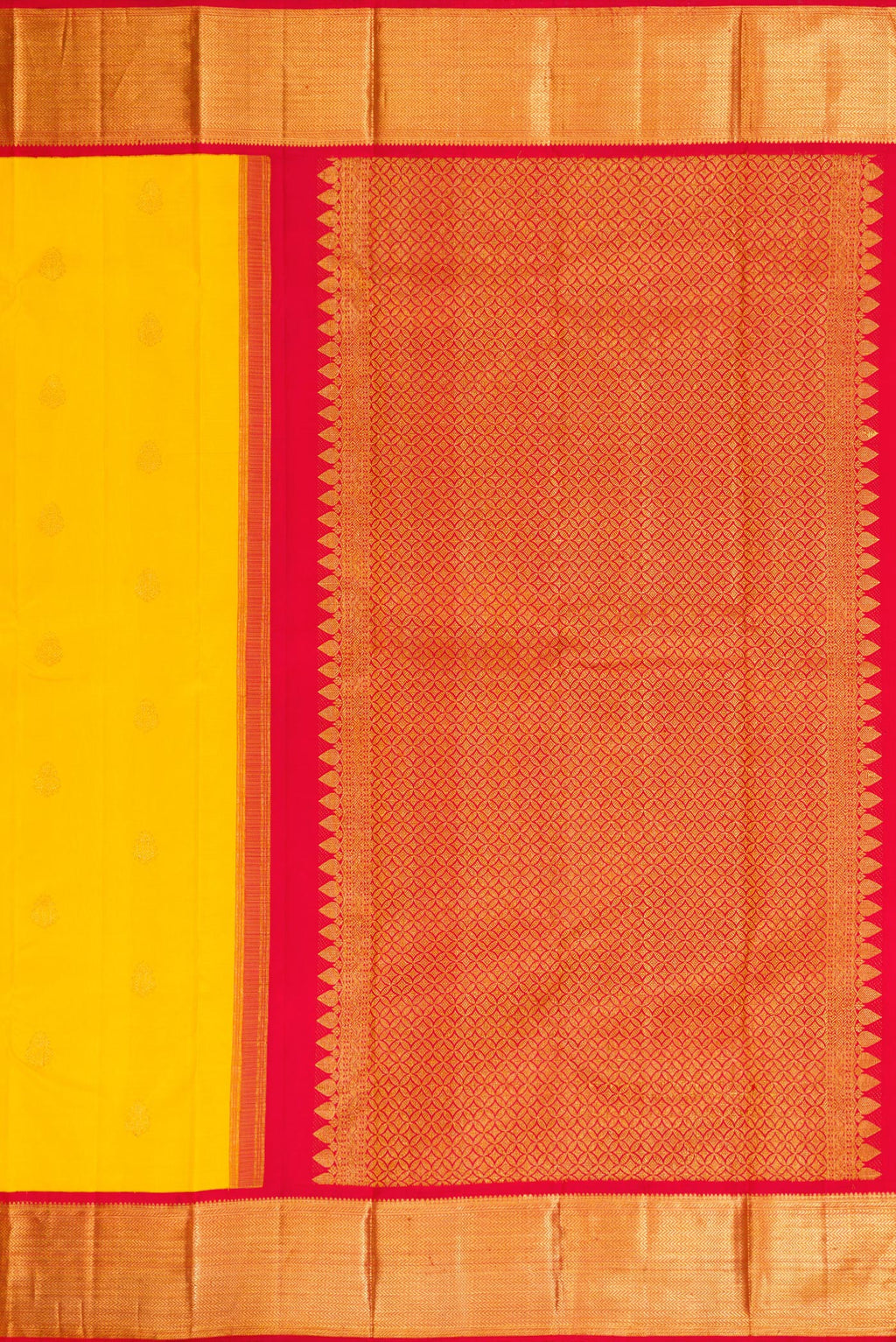 Close up image of the pallu of Pure Silk Pure Zari Yellow Dual Tone Kanjivaram Saree with Zari Butta on the body and Zari Border. 