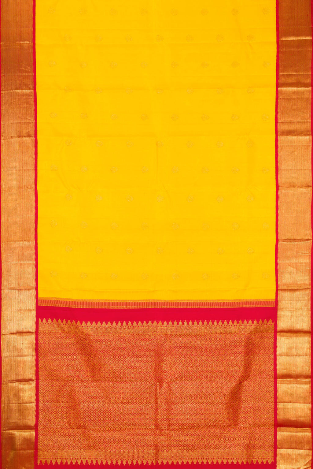 Flat view of Pure Silk Pure Zari Yellow Dual Tone Kanjivaram Saree with Zari Butta on the body and Zari Border. 