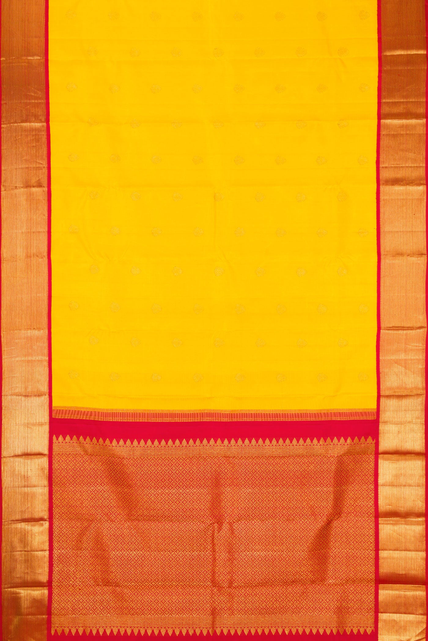 Flat view of Pure Silk Pure Zari Yellow Dual Tone Kanjivaram Saree with Zari Butta on the body and Zari Border. 