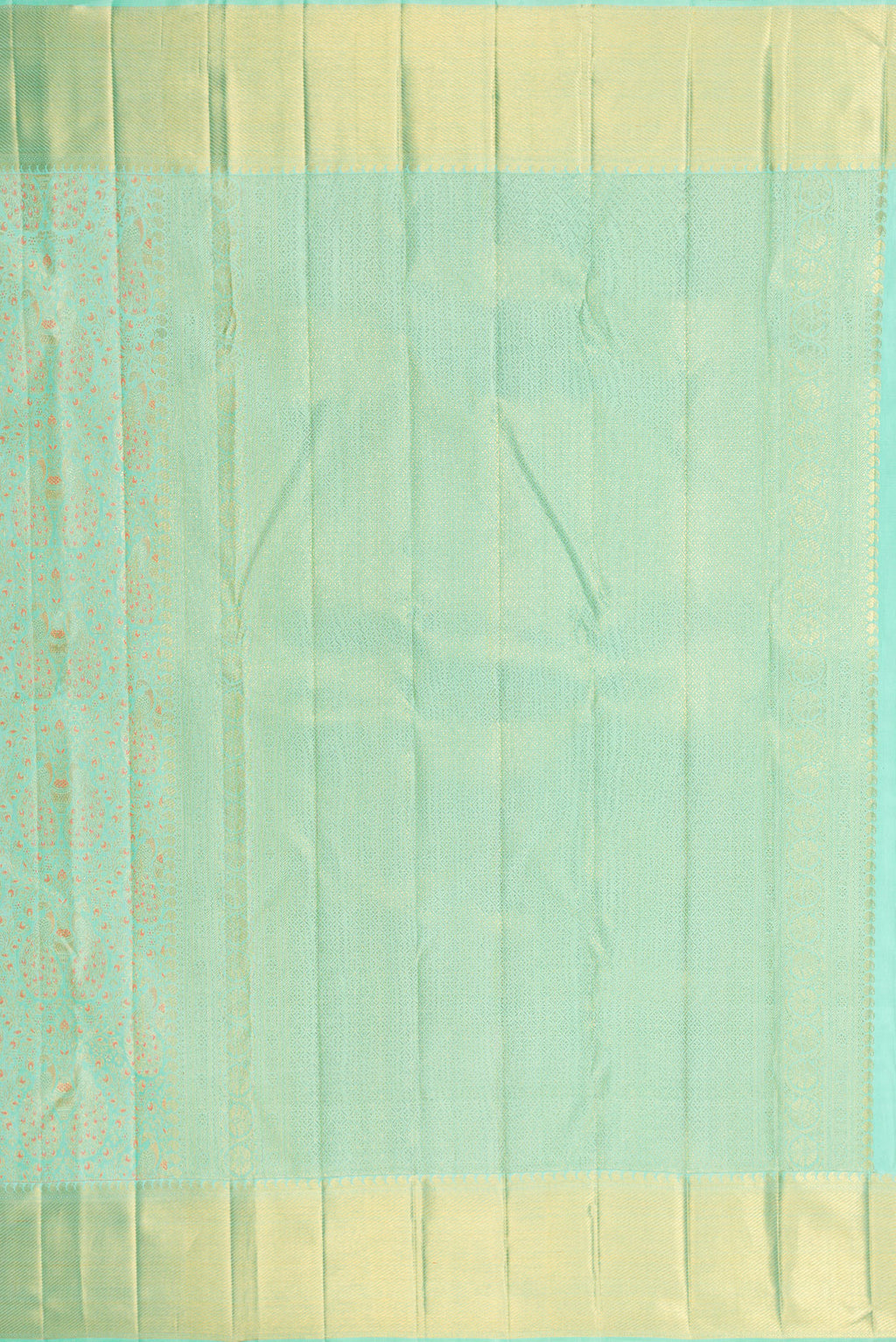 Close up image of the pallu of Pure Silk Pure Zari Sea Green Dual Tone Kanjivaram Saree with Zari Brocade on the body and Zari Border. 