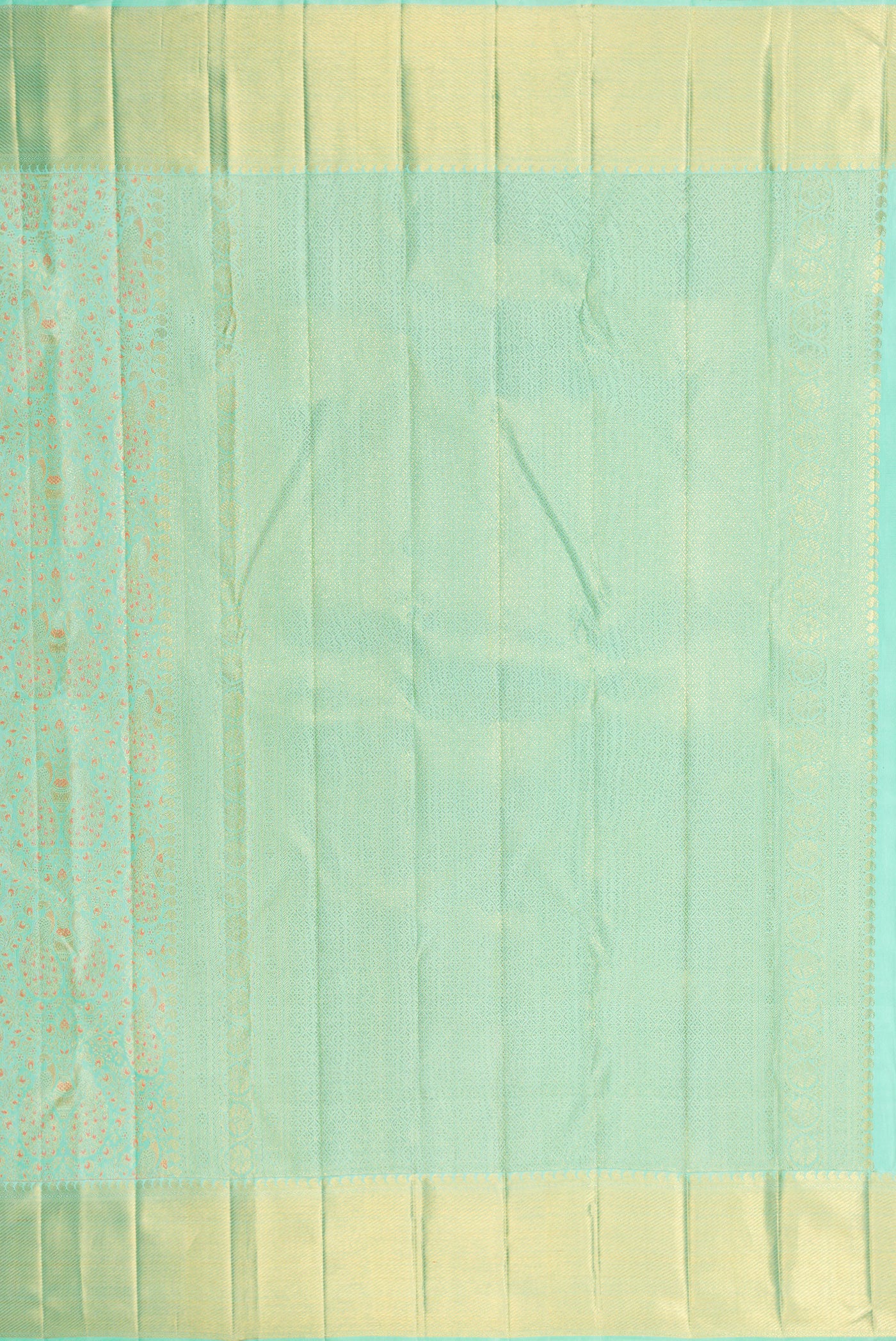 Close up image of the pallu of Pure Silk Pure Zari Sea Green Dual Tone Kanjivaram Saree with Zari Brocade on the body and Zari Border. 