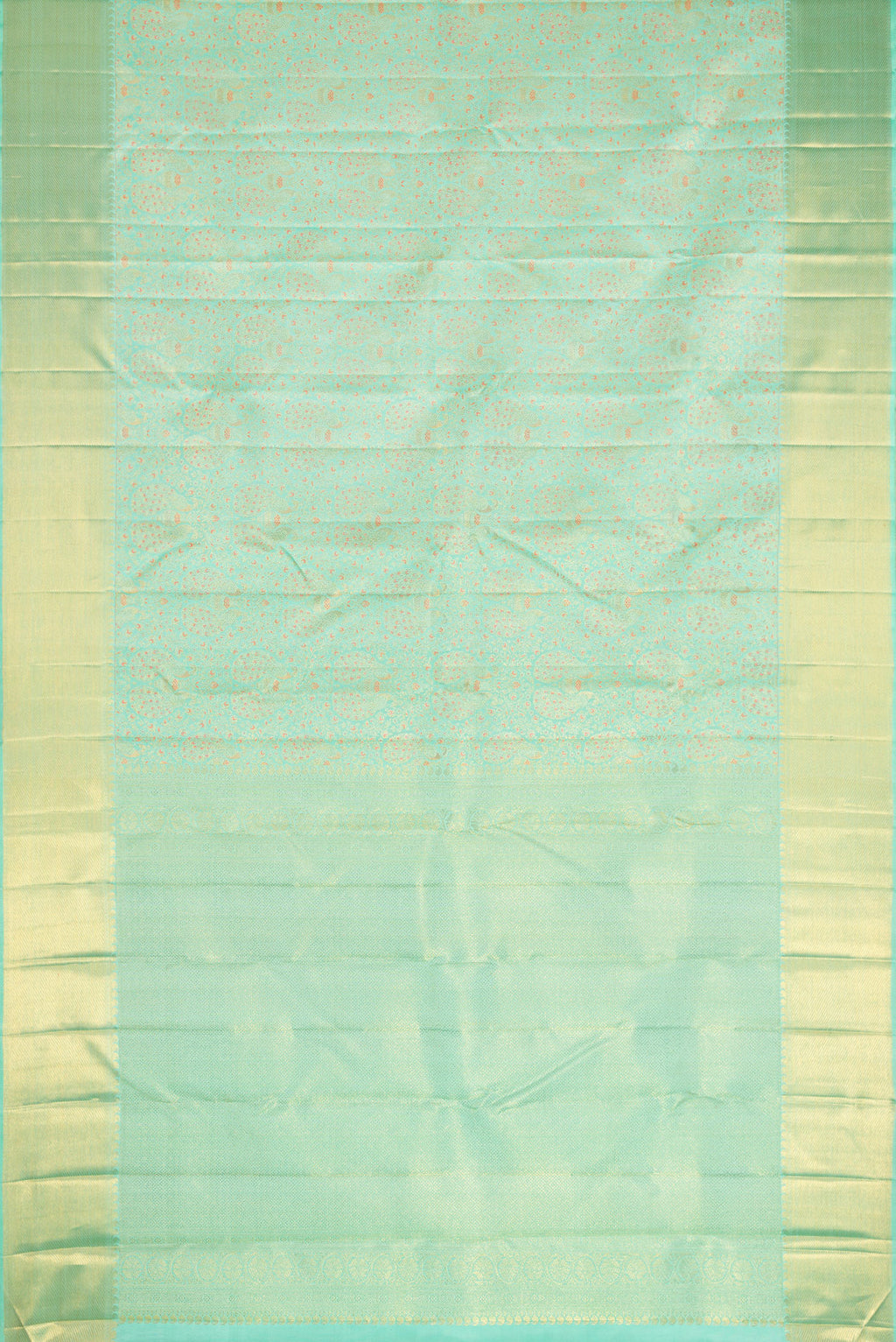 Flat view of Pure Silk Pure Zari Sea Green Dual Tone Kanjivaram Saree with Zari Brocade on the body and Zari Border. 
