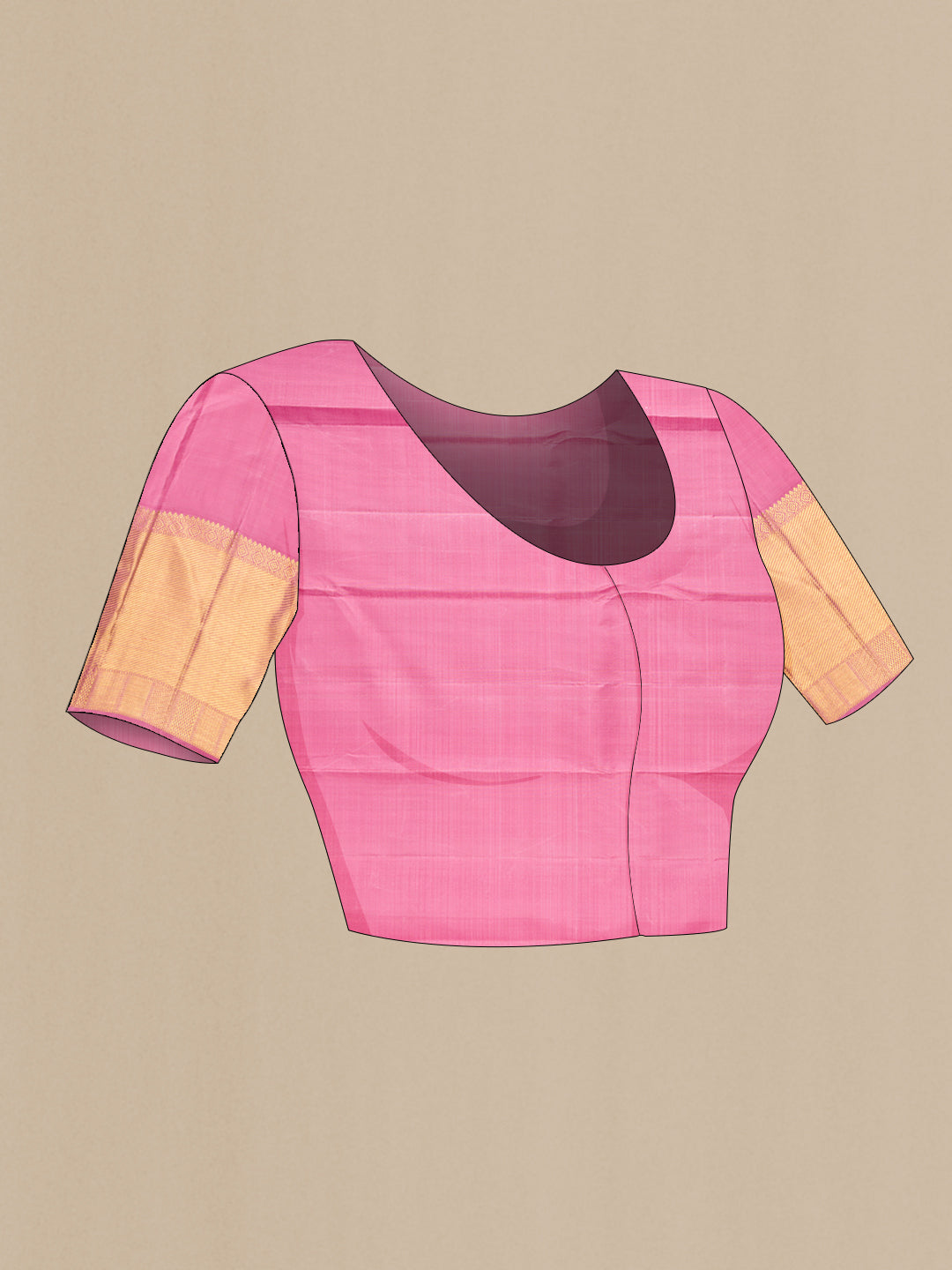 Close up image of the blouse of Pure Silk Pure Zari Pink Dual Tone Kanjivaram Saree with Zari Brocade on the body and Zari Border. 