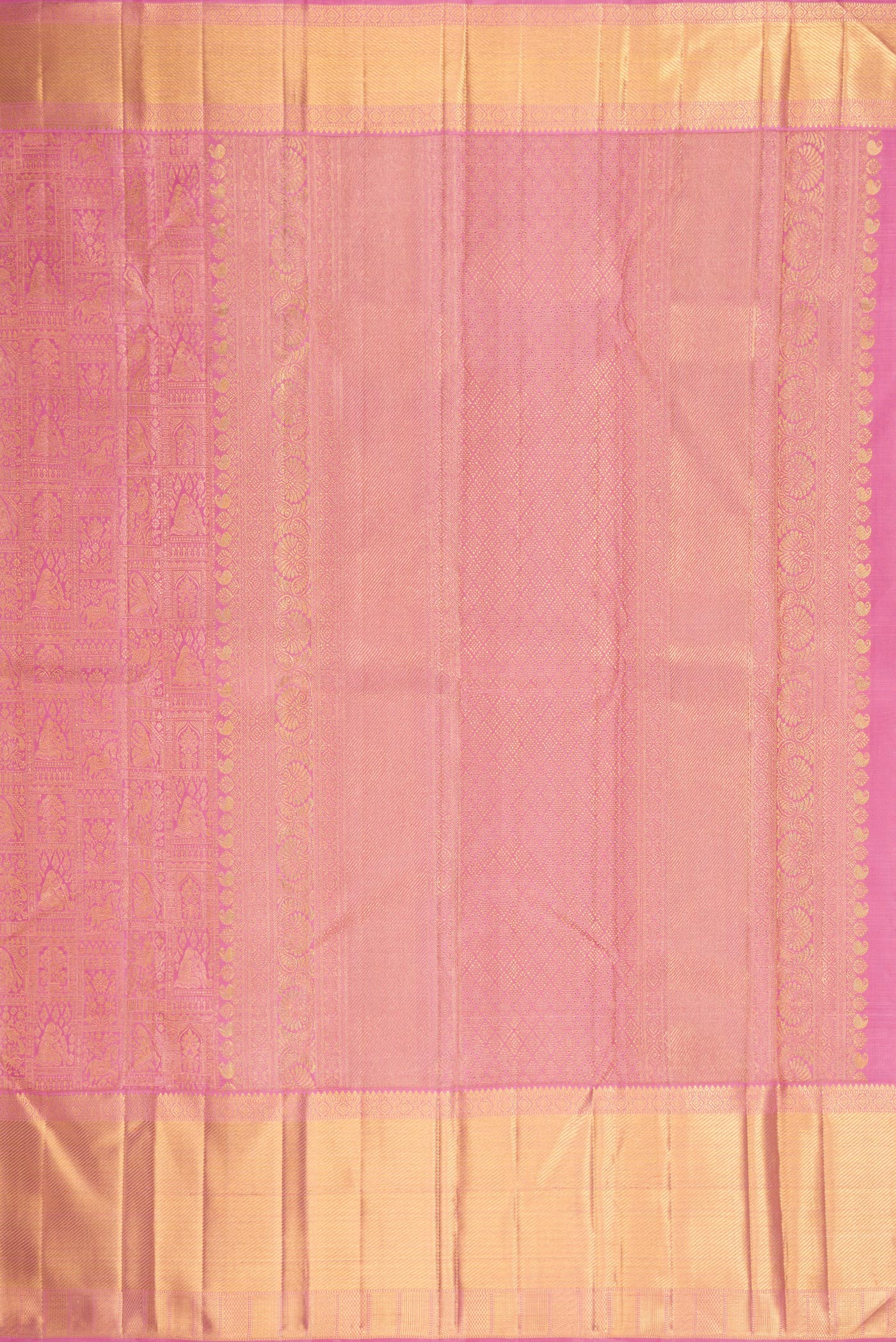 Close up image of the pallu of Pure Silk Pure Zari Pink Dual Tone Kanjivaram Saree with Zari Brocade on the body and Zari Border. 