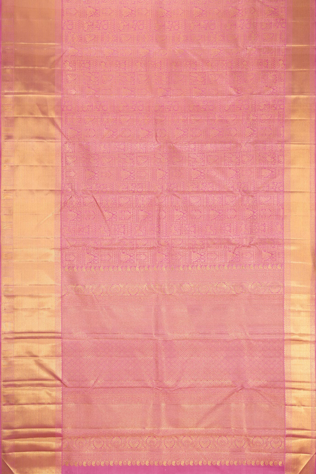 Flat view of Pure Silk Pure Zari Pink Dual Tone Kanjivaram Saree with Zari Brocade on the body and Zari Border. 