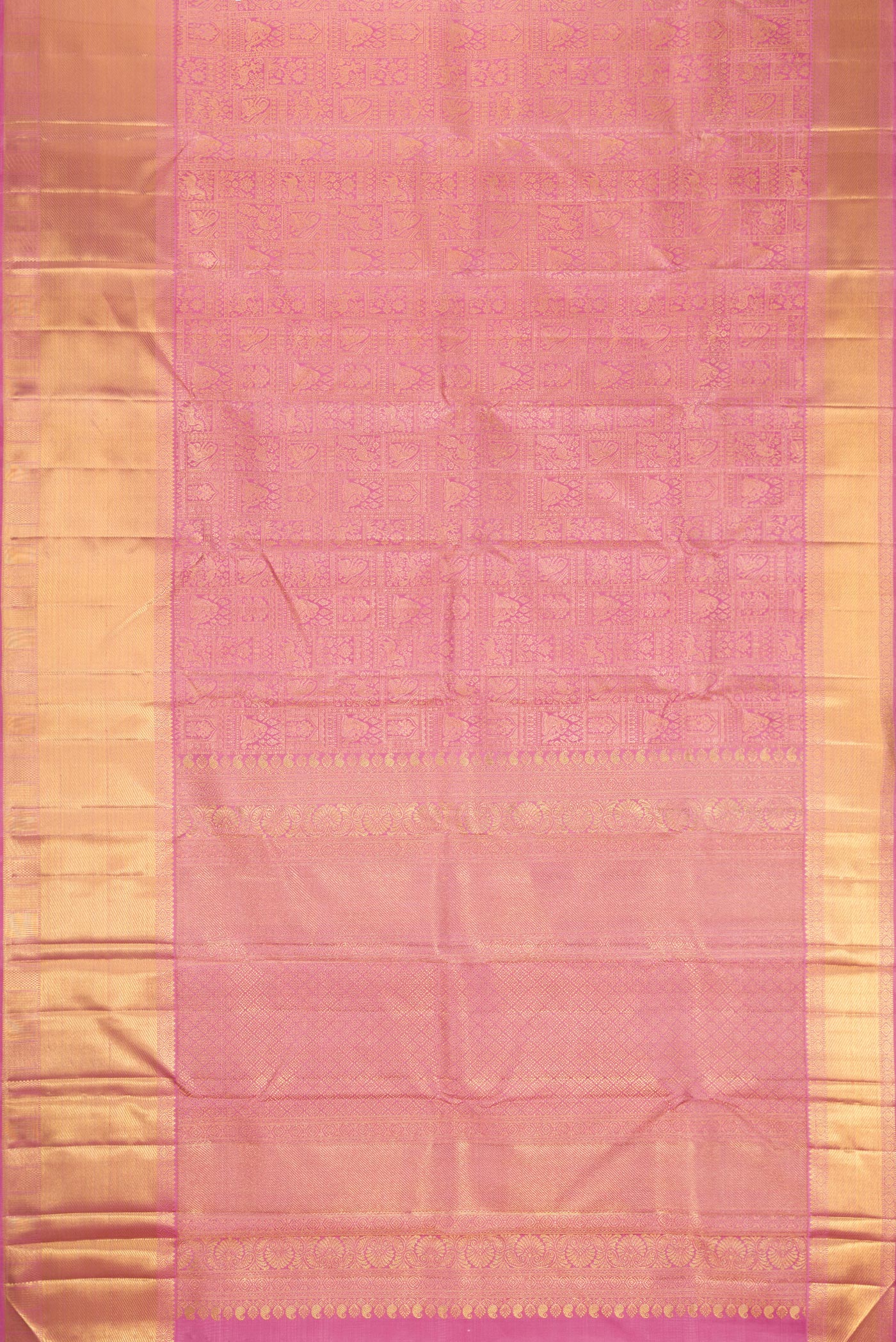 Flat view of Pure Silk Pure Zari Pink Dual Tone Kanjivaram Saree with Zari Brocade on the body and Zari Border. 