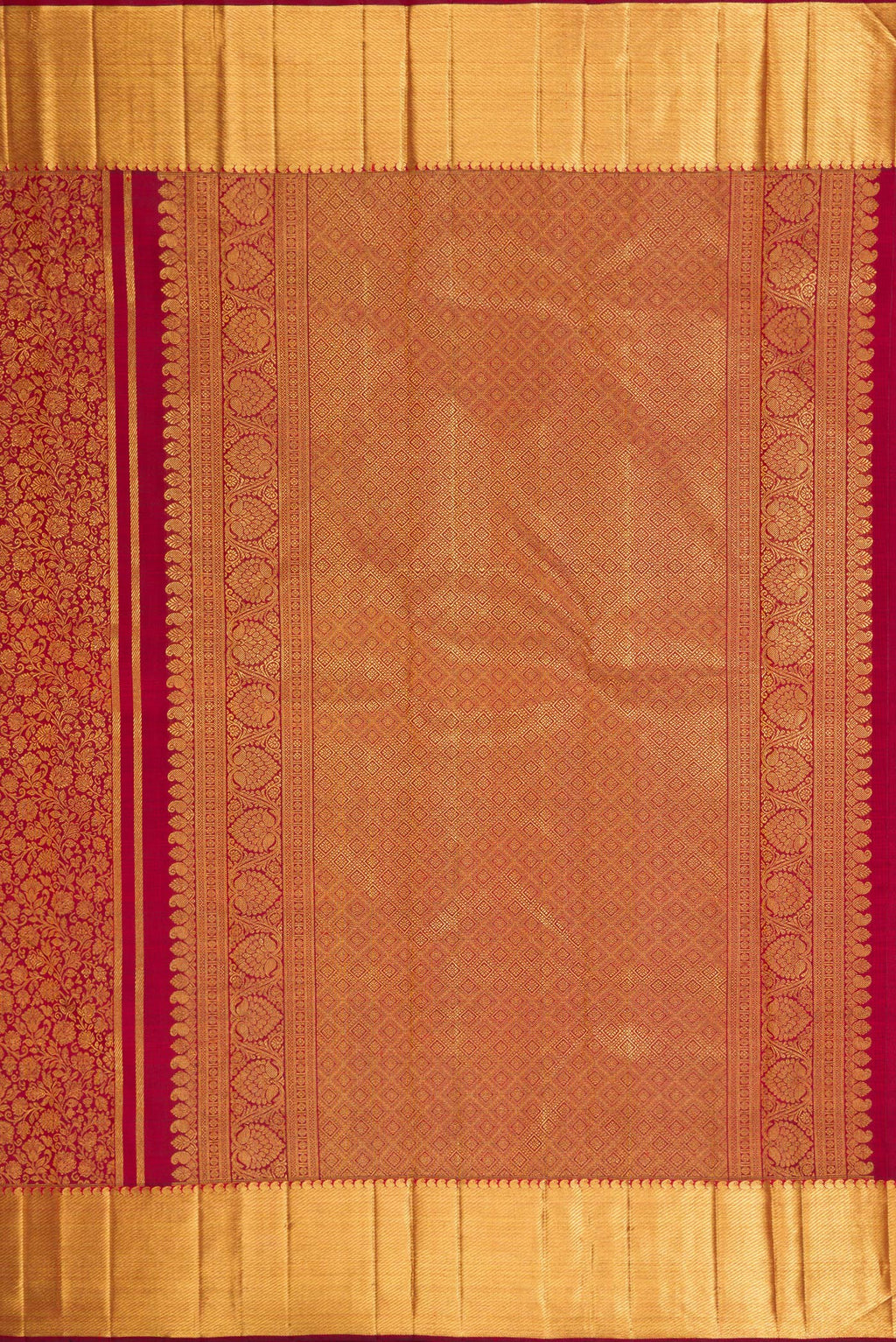 Close up image of the pallu of Pure Silk Pure Zari Maroon Kanjivaram Saree with Zari Brocade on the body and Zari Border. 
