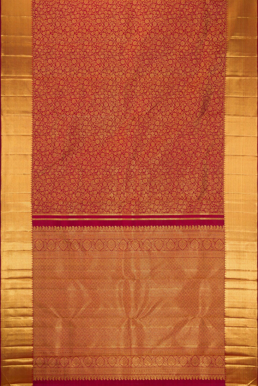 Flat view of Pure Silk Pure Zari Maroon Kanjivaram Saree with Zari Brocade on the body and Zari Border. 