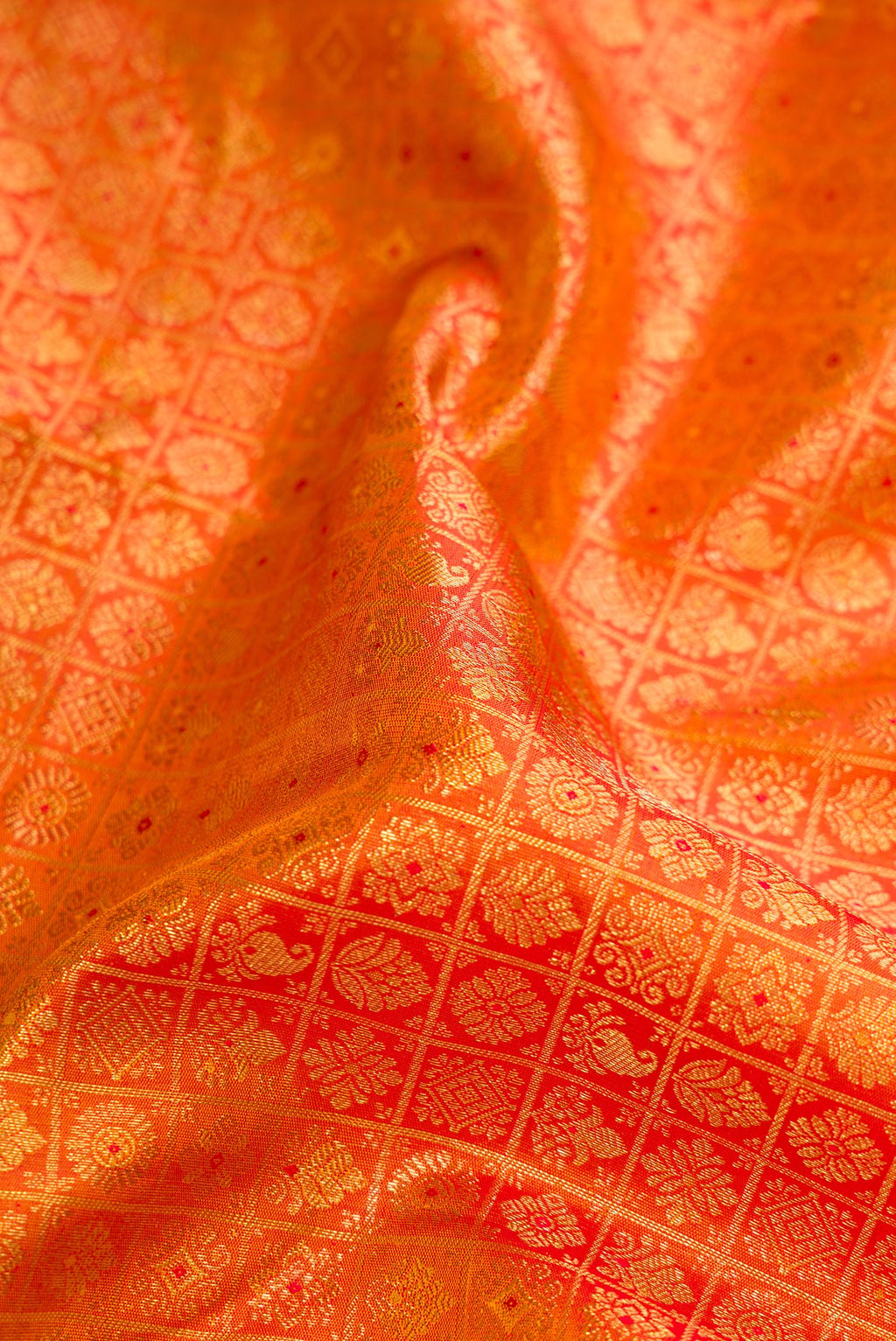 Close up of Pure Silk Pure Zari Mustard Dual Tone Kanjivaram Saree with Zari Brocade on the body and Zari Border.  displaying folds
