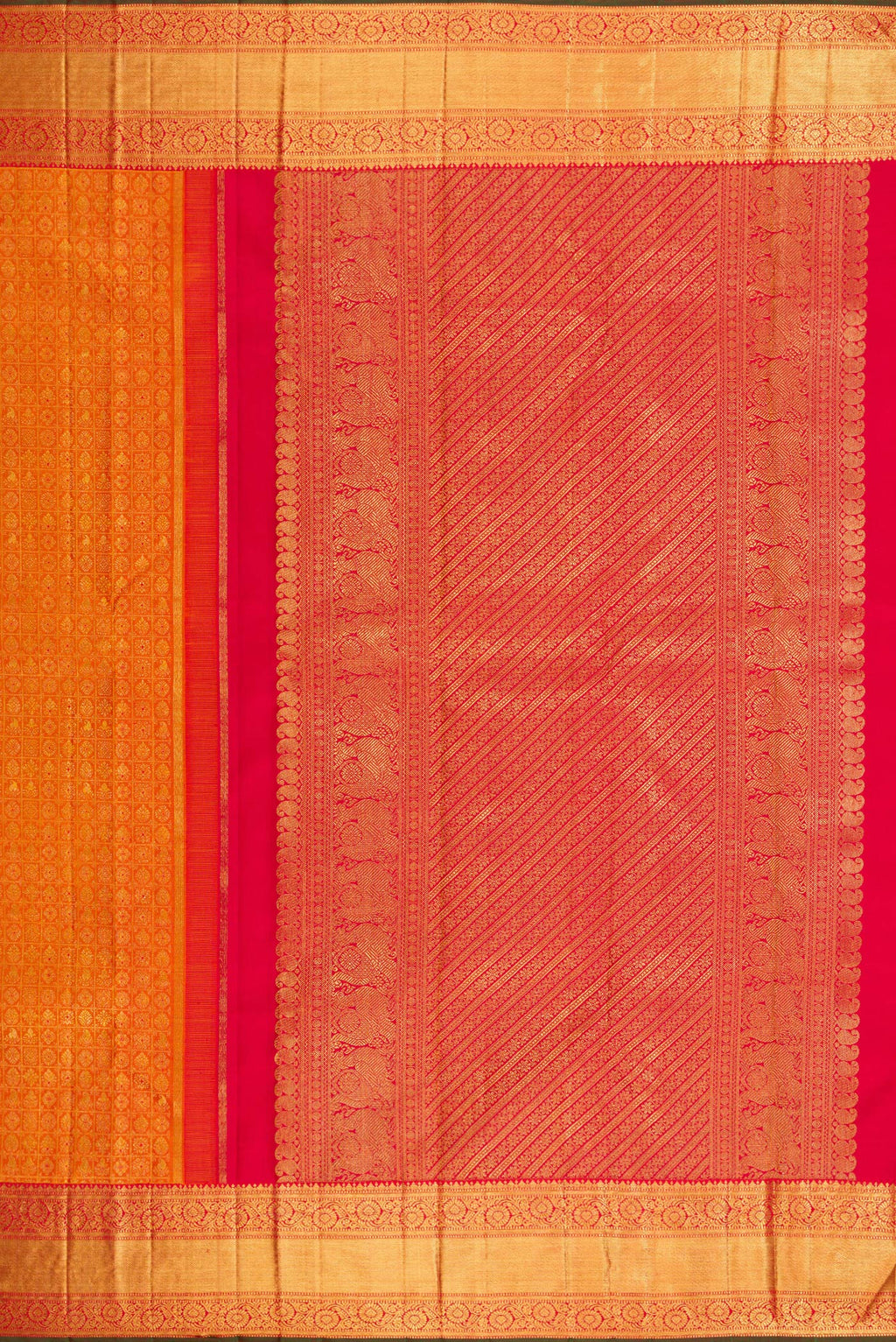 Close up image of the pallu of Pure Silk Pure Zari Mustard Dual Tone Kanjivaram Saree with Zari Brocade on the body and Zari Border. 