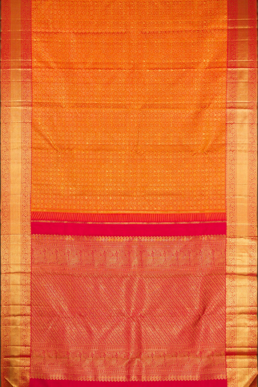 Flat view of Pure Silk Pure Zari Mustard Dual Tone Kanjivaram Saree with Zari Brocade on the body and Zari Border. 