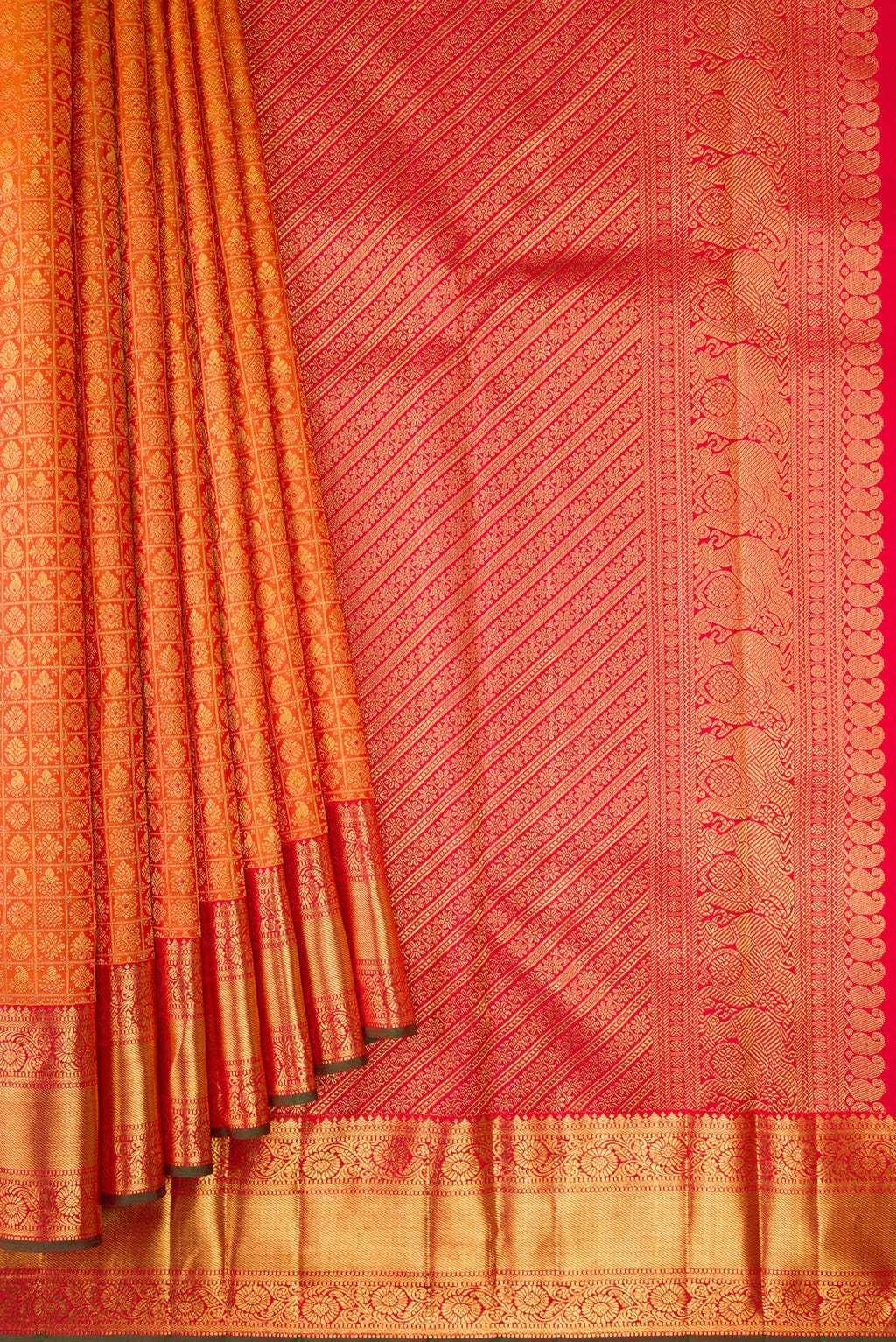 Pleats and pallu of Pure Silk Pure Zari Mustard Dual Tone Kanjivaram Saree with Zari Brocade on the body and Zari Border. 