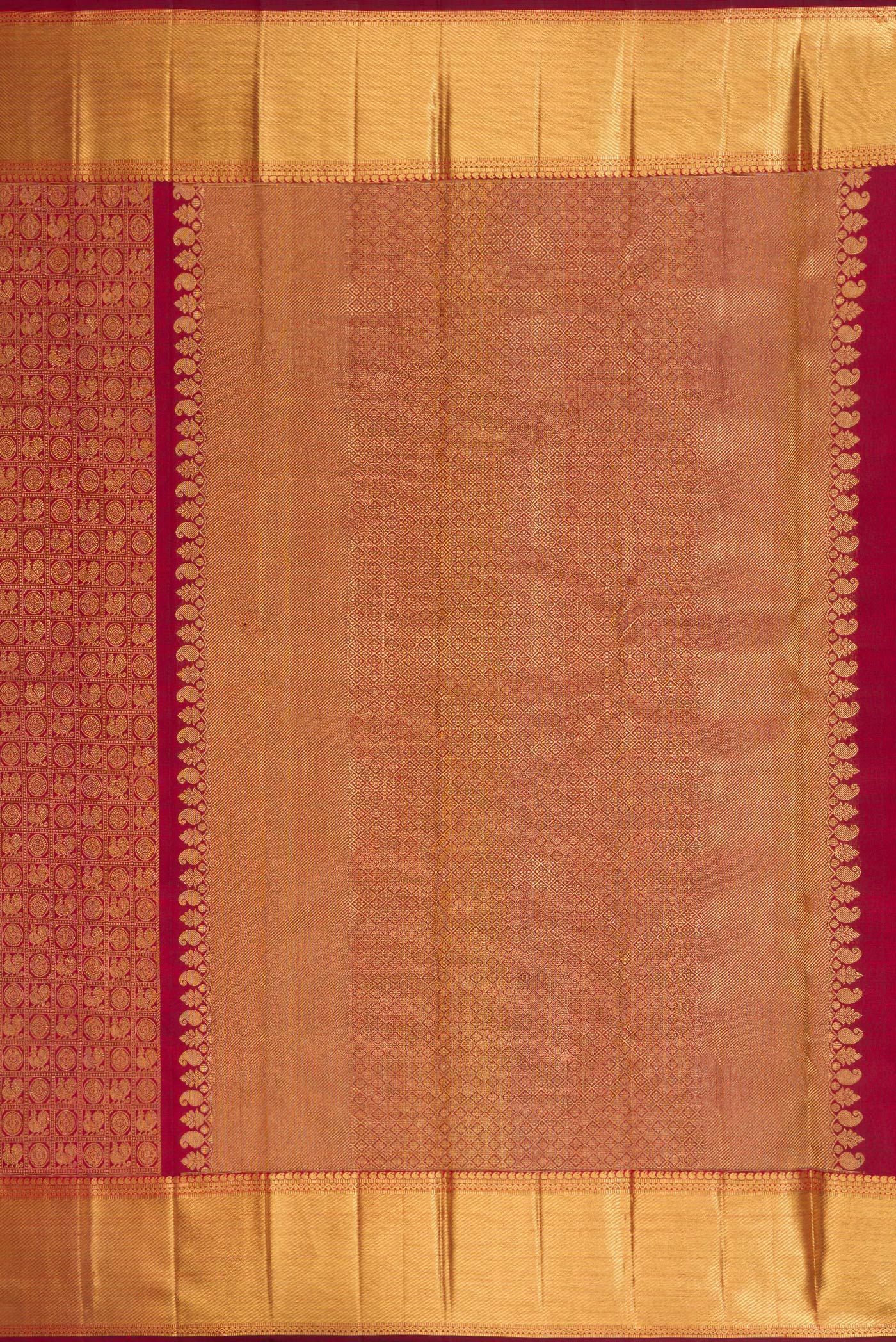 Close up image of the pallu of Pure Silk Pure Zari Maroon Kanjivaram Saree with Zari Brocade on the body and Zari Border. 