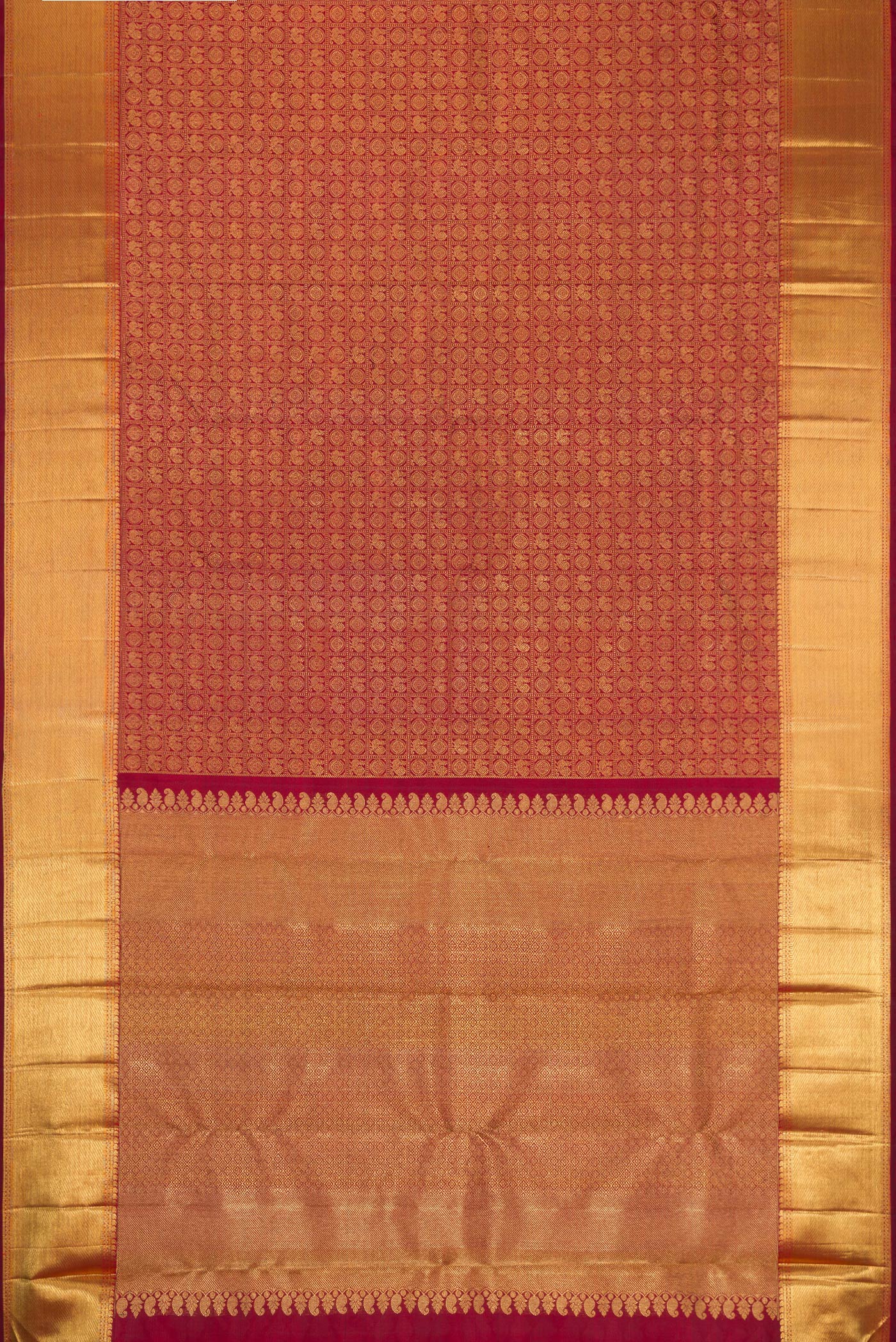 Flat view of Pure Silk Pure Zari Maroon Kanjivaram Saree with Zari Brocade on the body and Zari Border. 