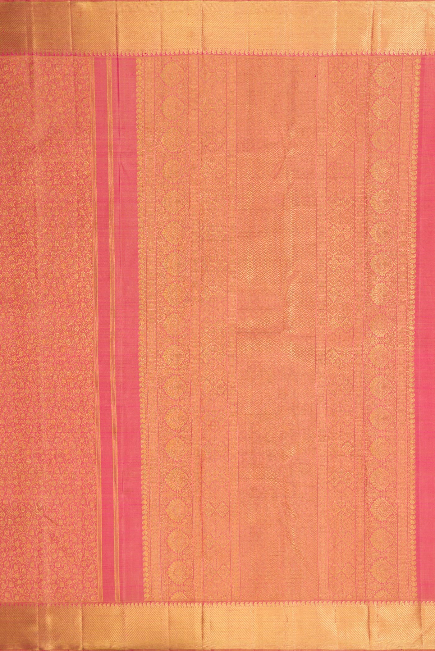 Close up image of the pallu of Pure Silk Pure Zari Rose Gold Dual Tone Kanjivaram Saree with Zari Brocade on the body and Zari Border. 