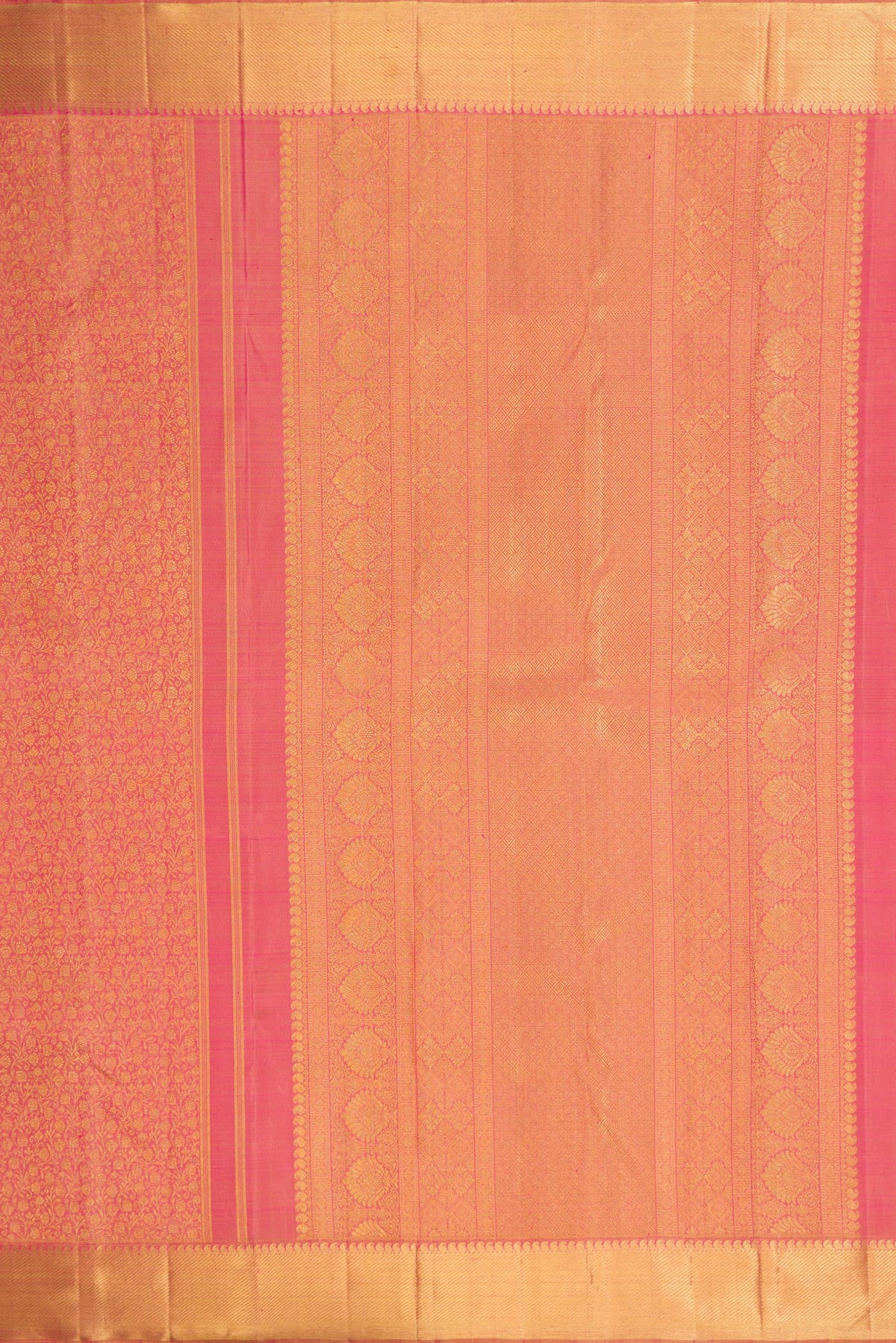 Close up image of the pallu of Pure Silk Pure Zari Rose Gold Dual Tone Kanjivaram Saree with Zari Brocade on the body and Zari Border. 