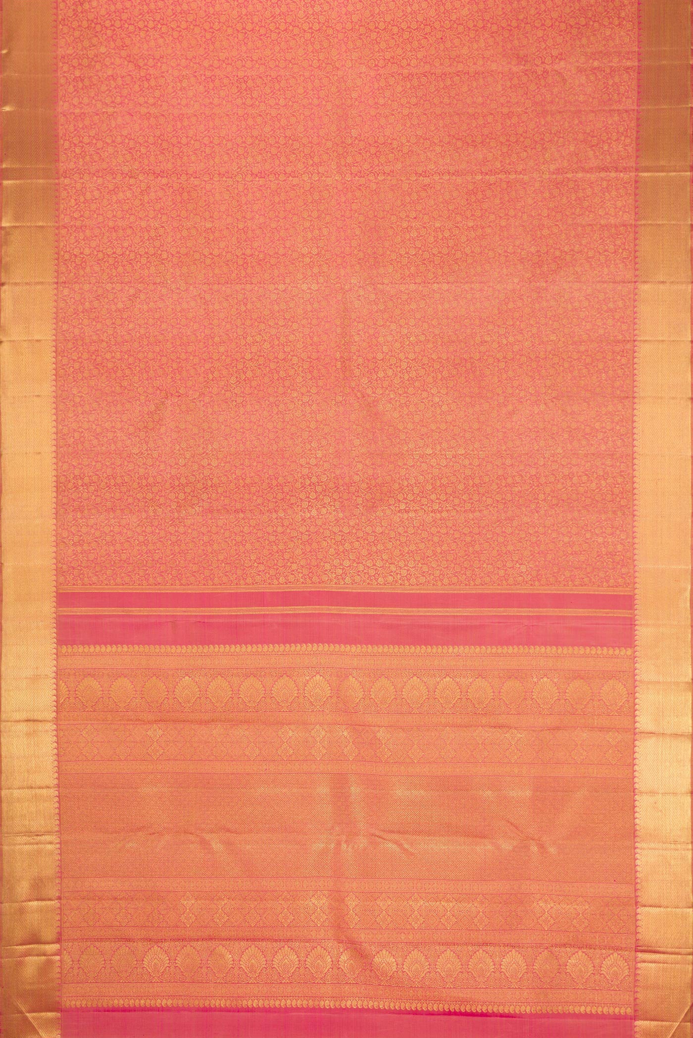 Flat view of Pure Silk Pure Zari Rose Gold Dual Tone Kanjivaram Saree with Zari Brocade on the body and Zari Border. 