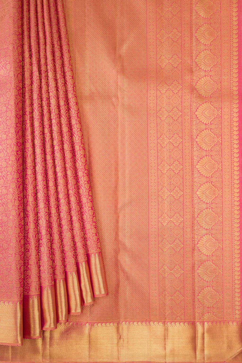 Pleats and pallu of Pure Silk Pure Zari Rose Gold Dual Tone Kanjivaram Saree with Zari Brocade on the body and Zari Border. 