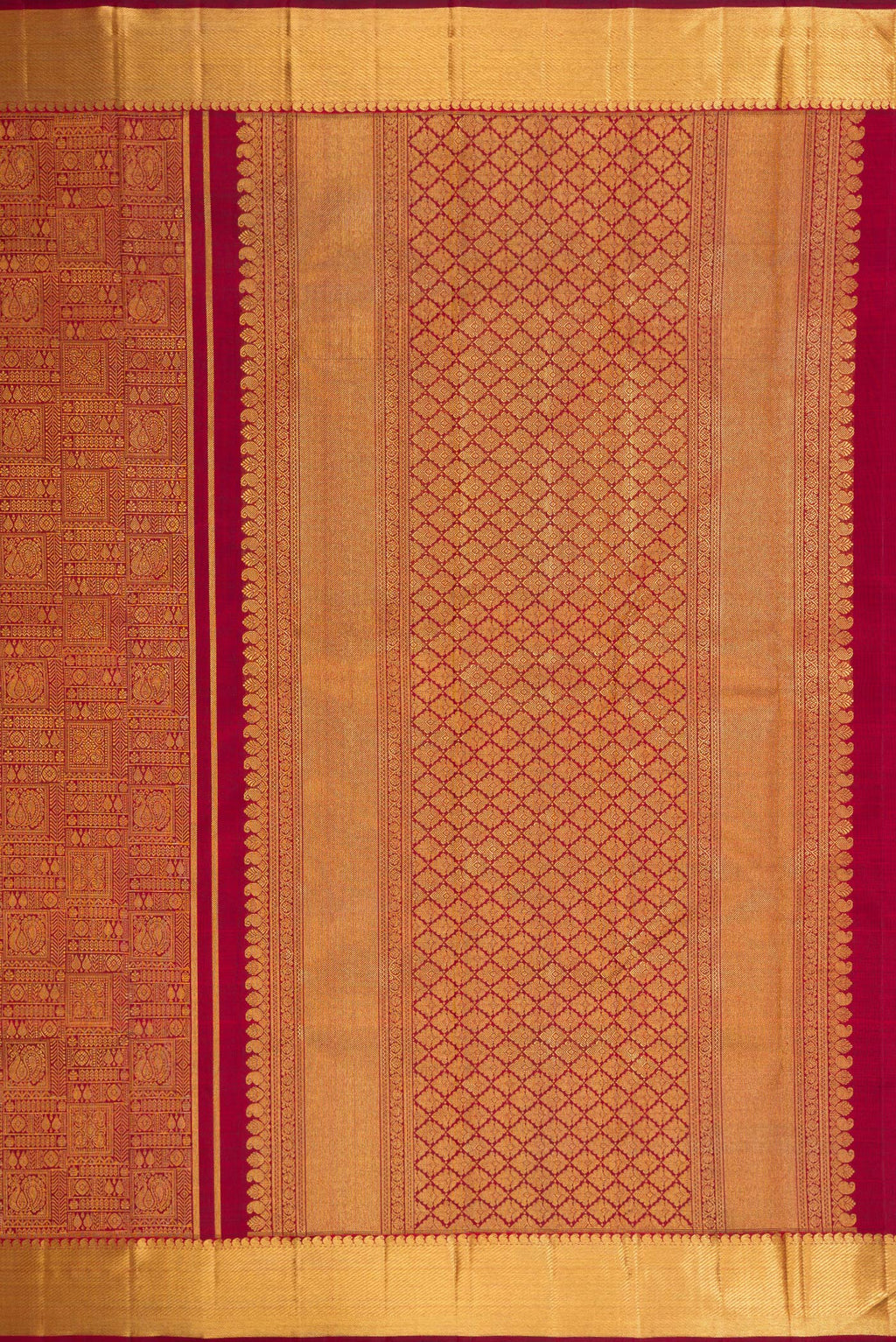 Close up image of the pallu of Pure Silk Pure Zari Maroon Kanjivaram Saree with Zari Brocade on the body and Zari Border. 