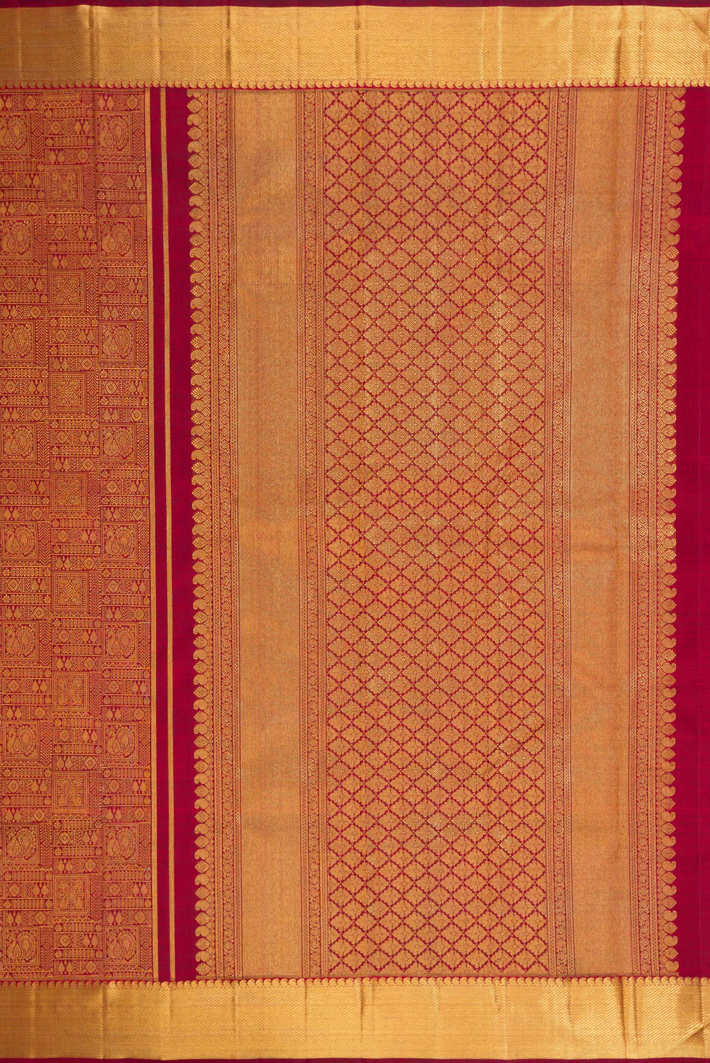 Close up image of the pallu of Pure Silk Pure Zari Maroon Kanjivaram Saree with Zari Brocade on the body and Zari Border. 