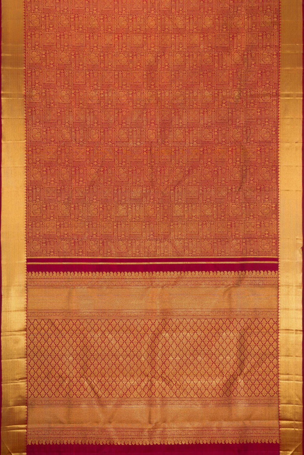 Flat view of Pure Silk Pure Zari Maroon Kanjivaram Saree with Zari Brocade on the body and Zari Border. 