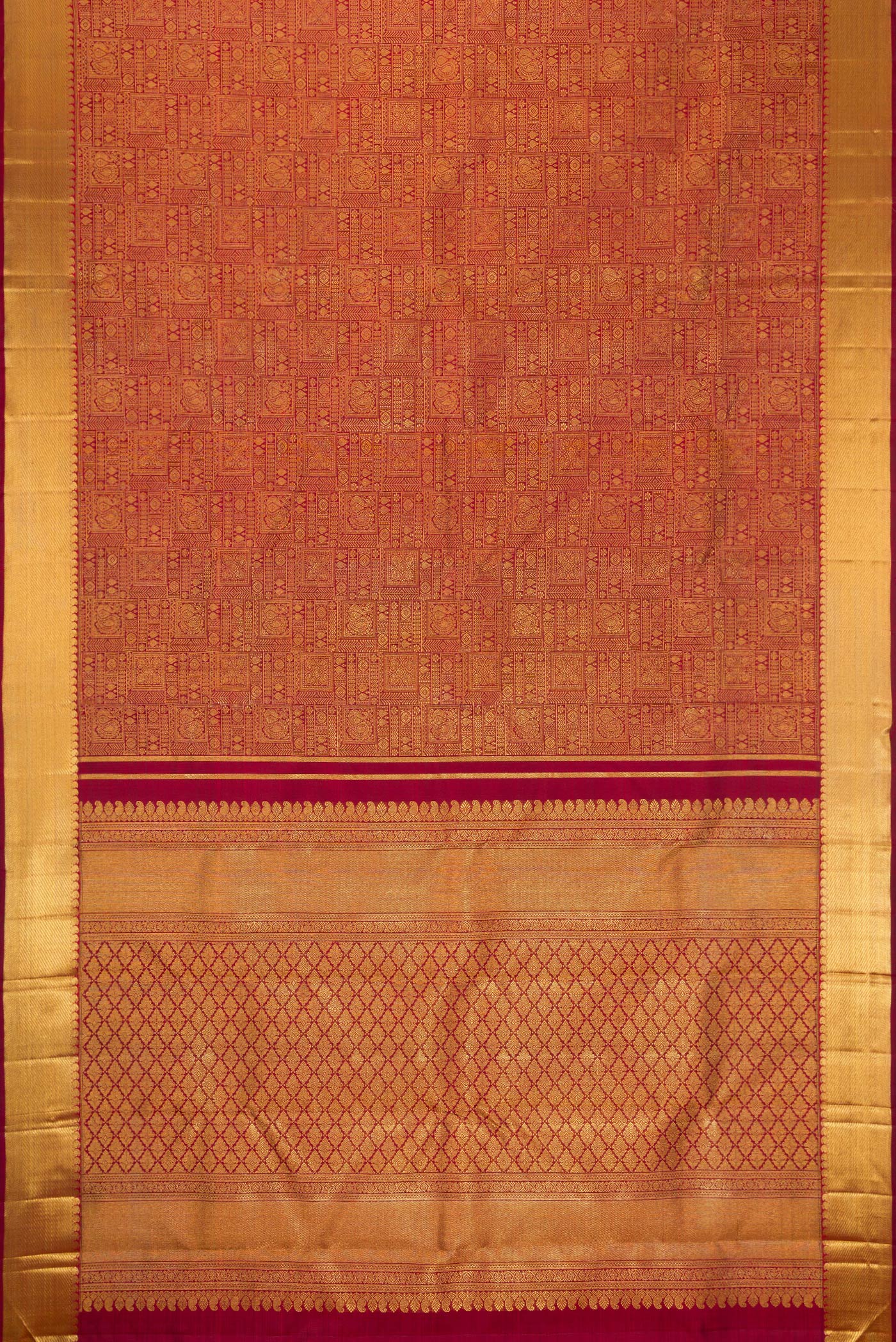 Flat view of Pure Silk Pure Zari Maroon Kanjivaram Saree with Zari Brocade on the body and Zari Border. 