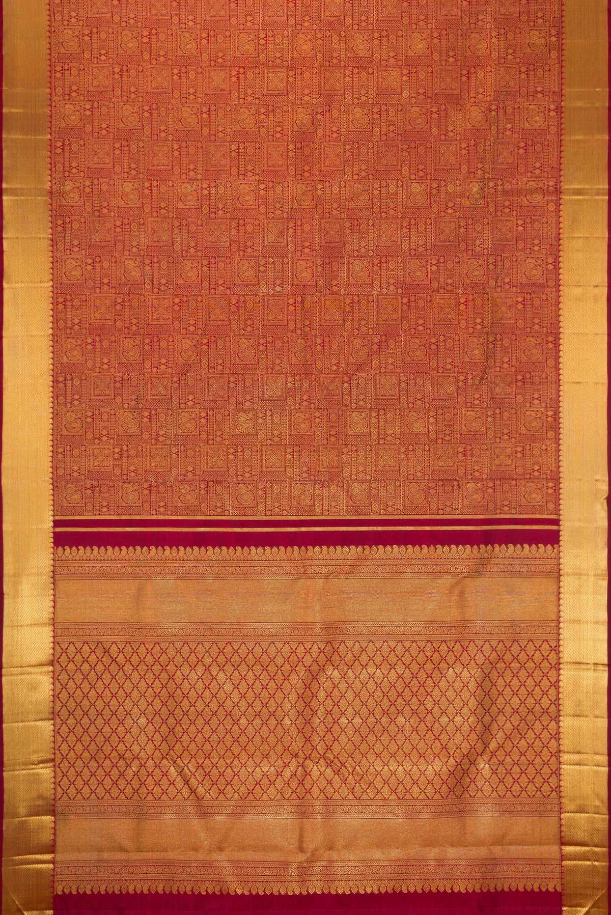Flat view of Pure Silk Pure Zari Maroon Kanjivaram Saree with Zari Brocade on the body and Zari Border. 